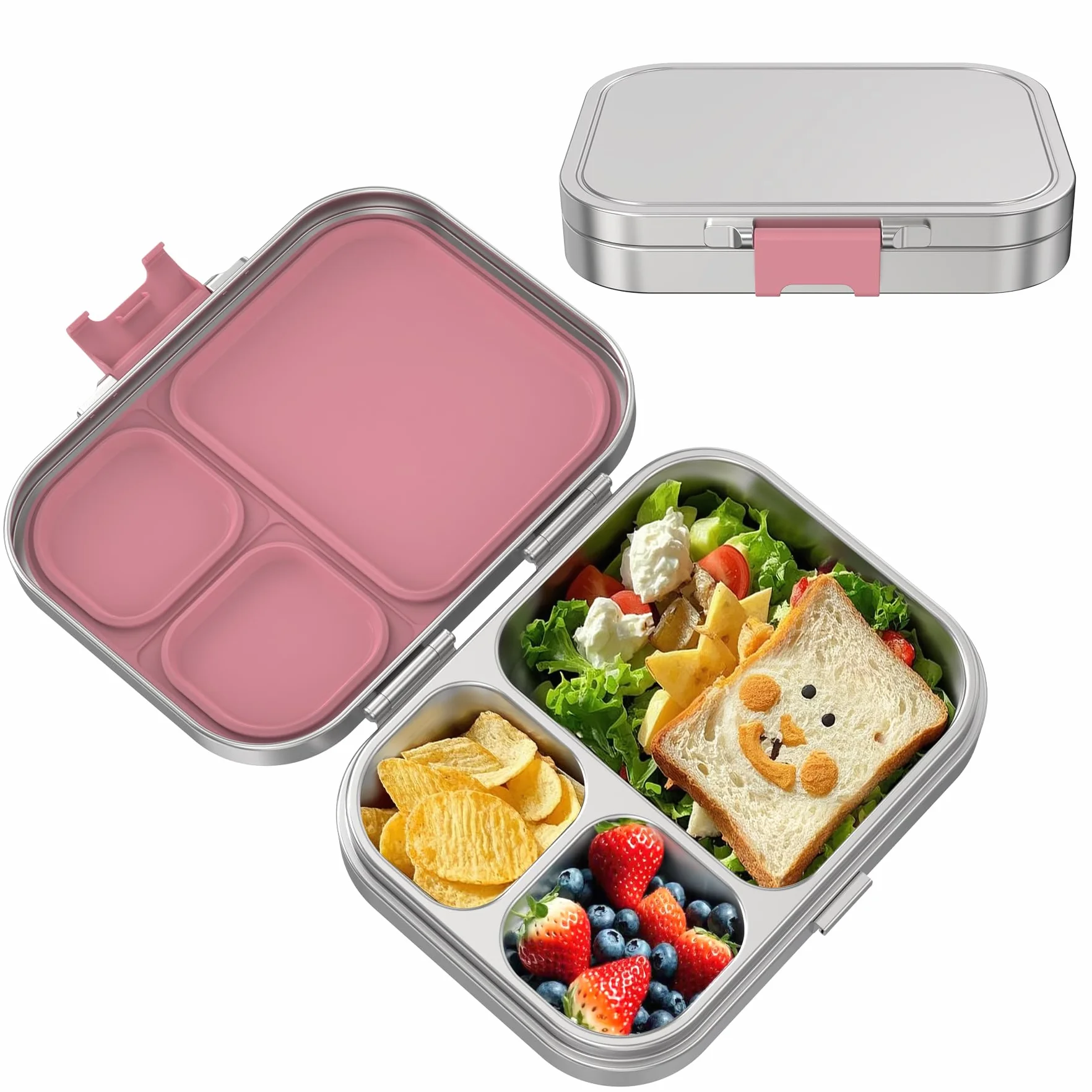 VITONIS Fiambrera de acero inoxidable para niños, fiambrera de metal Bento para niños, con 3 compartimentos y anillo de sellado, fiambrera adecuada para niños y adultos, apta para lavavajillas (rosa