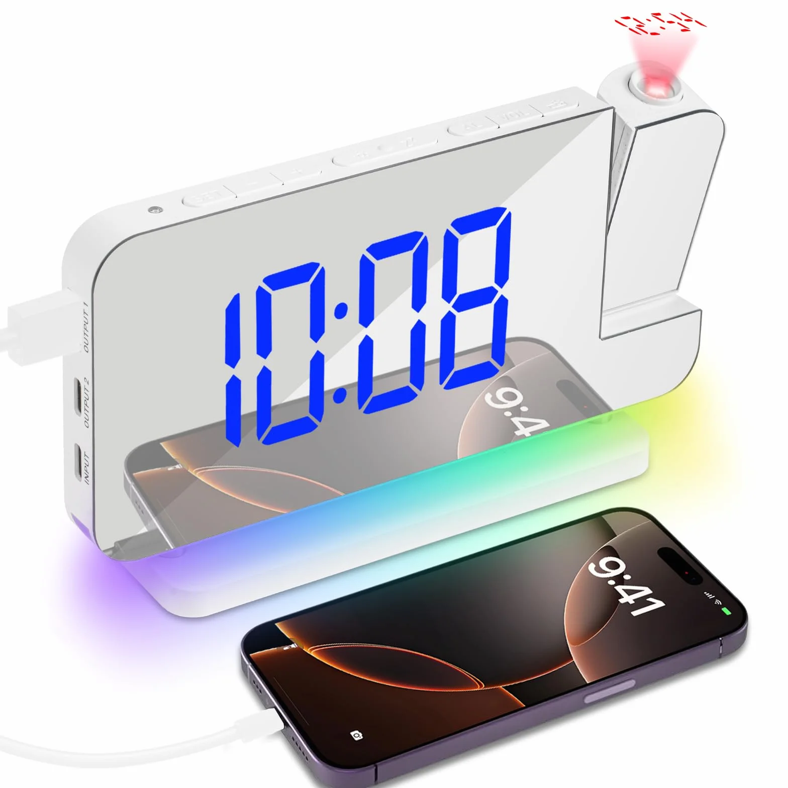 Reloj Despertador con Proyección, Reloj con Espejo Digital LED de 7,4″ con Pantalla de 11 Color RGB, Luz Nocturna de 10 Colores, Proyector Giratorio 180º, Cargador USB (Blanco)