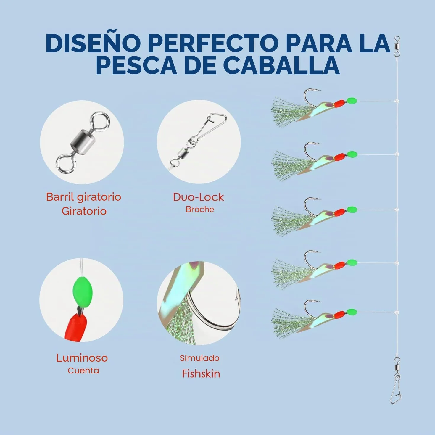 Aparejos de Plumas Premontados 6 Anzuelos 30 con Abalorios Fosforescentes para Caballa Bacalao