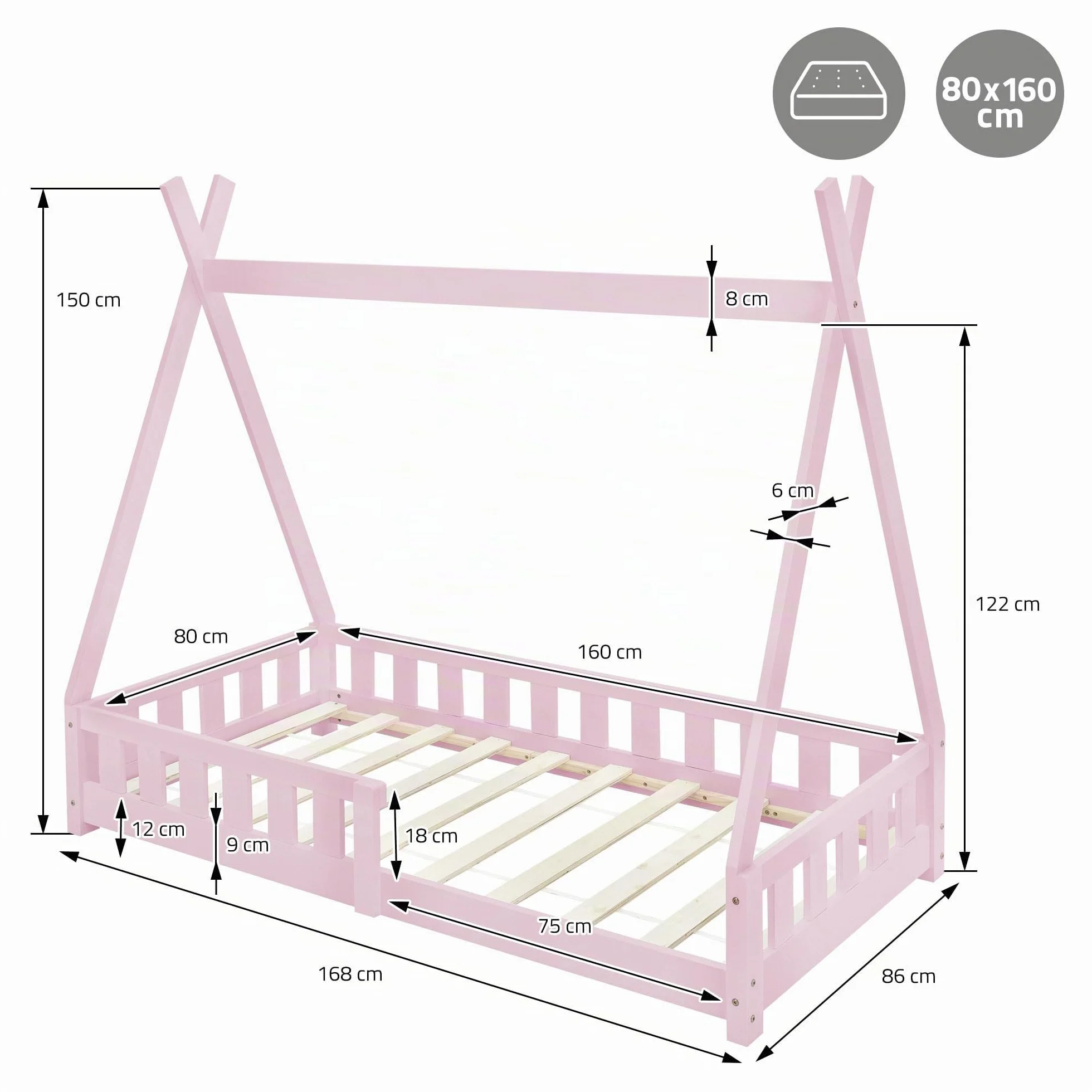 ML-Design Cama Infantil Tipi 80x160 cm con Protección Anticaída y Somier Estructura Listones de Madera de Pino Maciza Rosa Lecho Cuna de Suelo Forma de Casa Mobiliario Juego Tienda de Campaña Niños