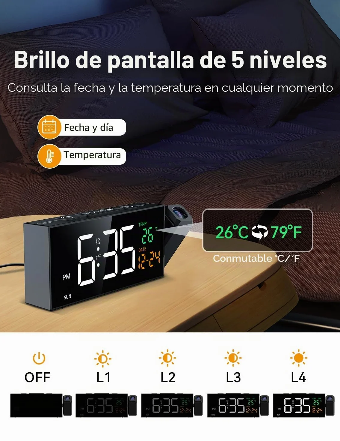 Despertador digital con función de proyección, Reloj despertador con proyector de 350°, termómetro, fecha, pantalla grande, 10 tonos de llamada, Snooze, DST manual, Reloj despertador para dormitorio