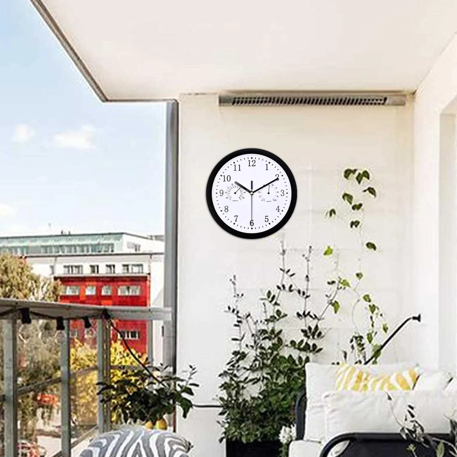 Reloj de pared exterior para exteriores, 25 x 25 cm, resistente a la intemperie, con termómetro e higrómetro, para terraza, balcón, jardín, decoración del hogar
