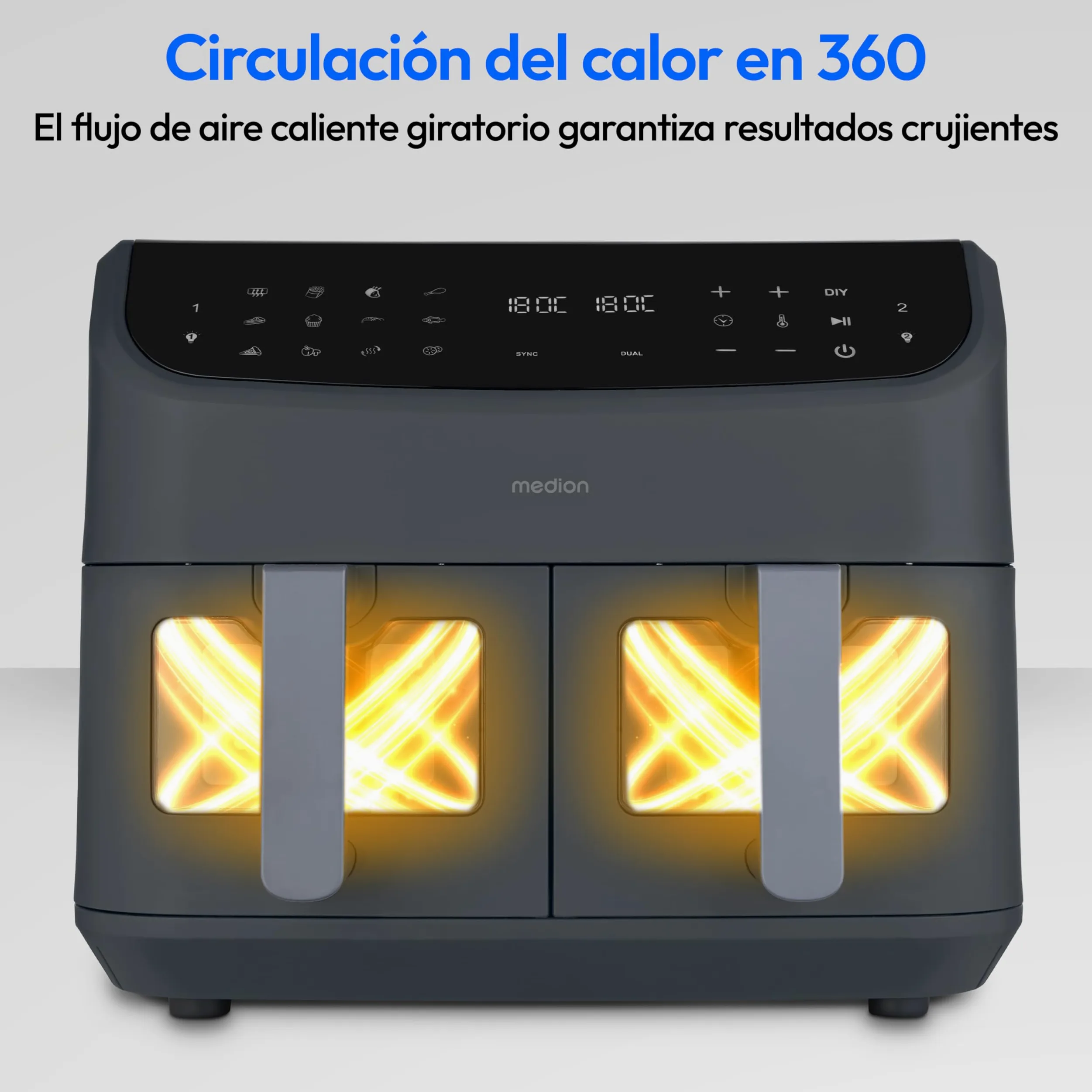 MEDION P20 XXL Freidora de Aire Doble Cesta MD11760 Gris Mate | 8,7 L, 2600 W, 10 Programas, 2 Cajones, Ventana, Air Fryer Dual XXL
