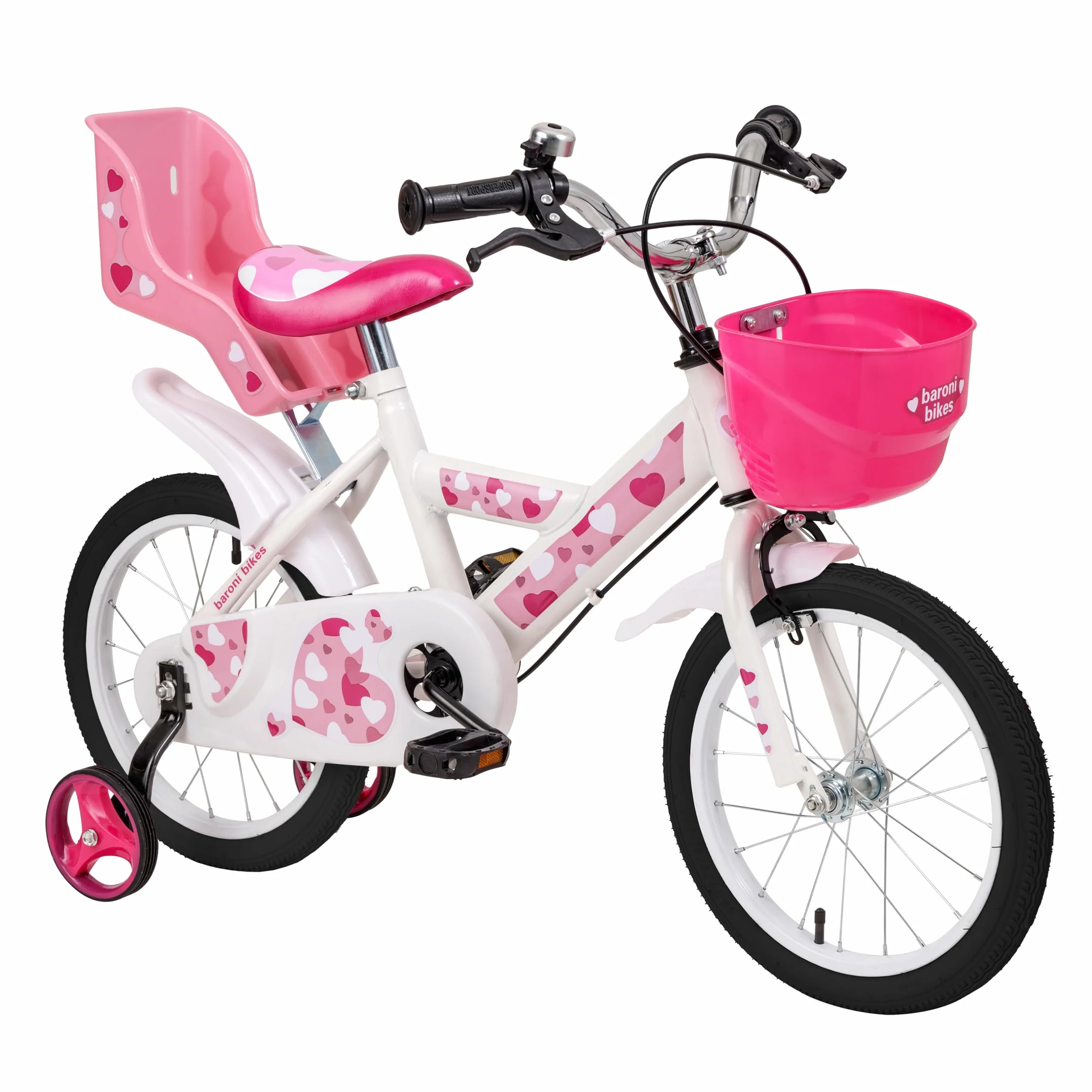 Baroni Toys Bicicleta de Niña, Rosa Corazones, Acero con Cesta, Portabicicletas, Ruedas, 12'' 14'' 16''