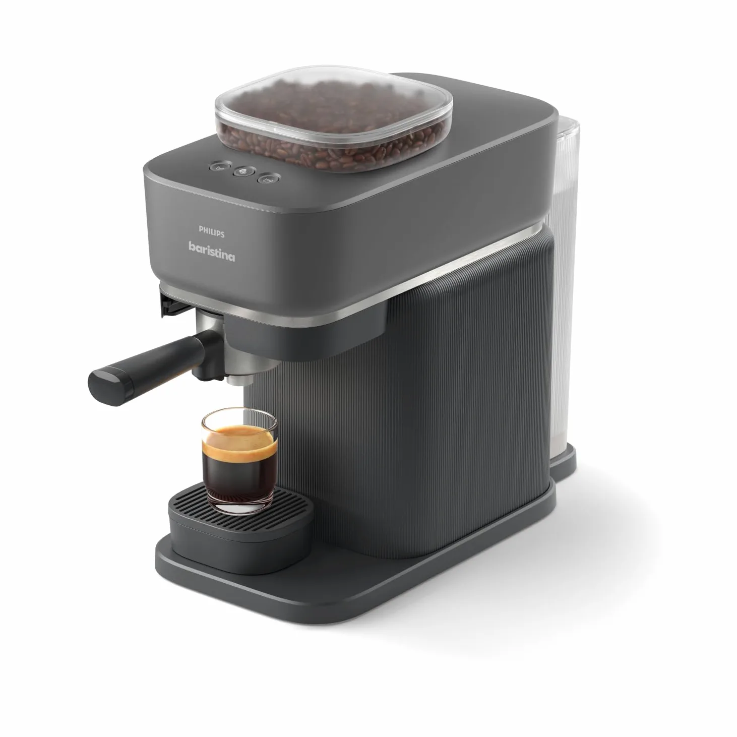 PHILIPS Baristina Cafetera Espresso Molienda, Prensado y Preparación Automáticos, 16 Bares, Espresso, Lungo, Tamaño Compacto, Negro con Portafiltro Negro, Cafetera con Molinillo BAR305/60