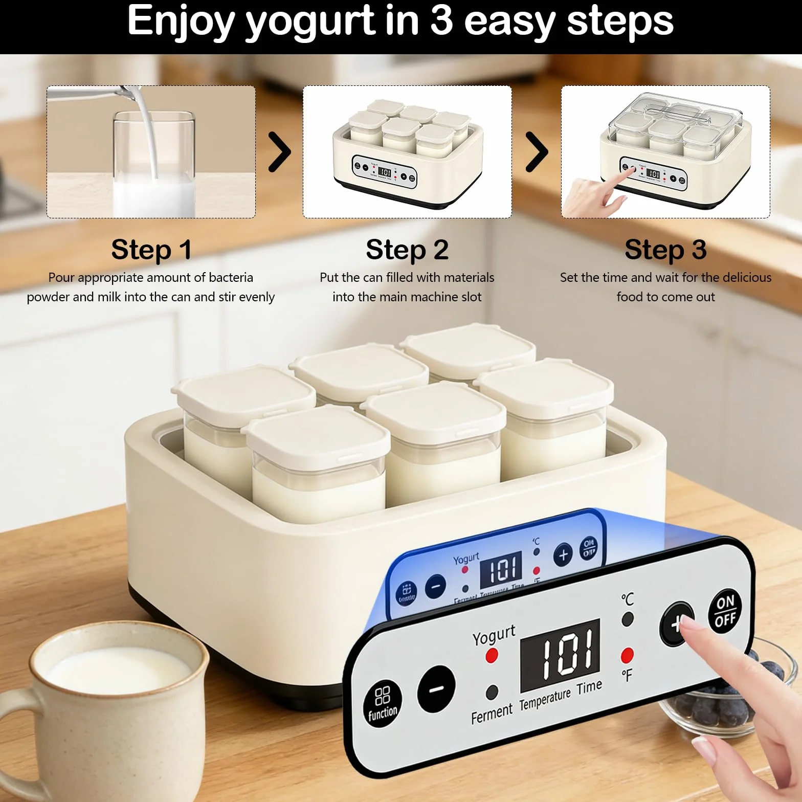 Yogurtera, Máquina para Hacer Yogur de 1,6 L con 6 Tarros de 250 ml Yogurtera con Temporizador de 1 a 99 Horas Control de Temperatura de 21 a 48 °C y Pantalla LCD para Yogur Natto y Vino de Arroz
