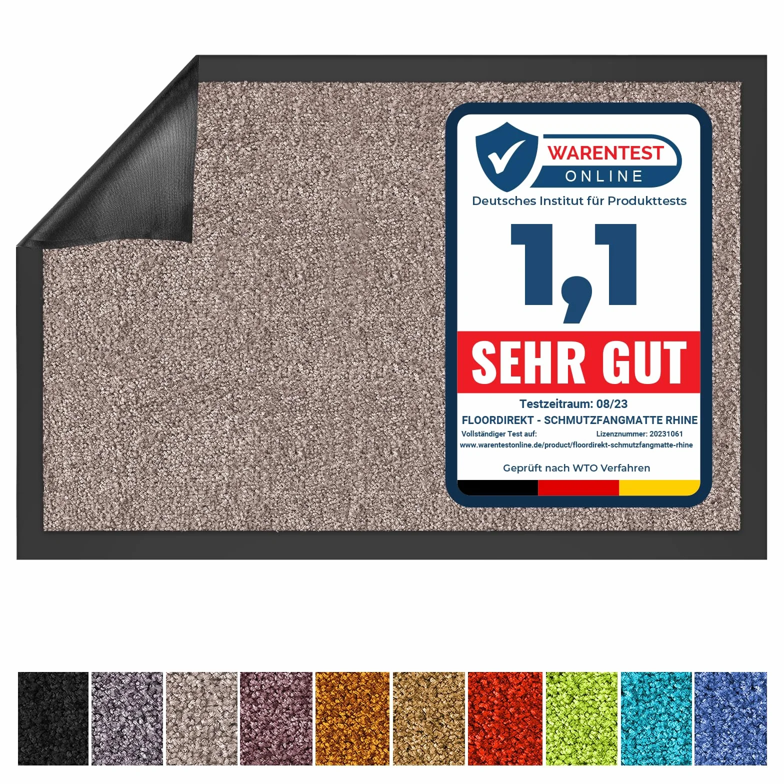 Floordirekt | Rhine | Alfombra de entrada | Antideslizante, color único, alfombra de entrada lavable, con certificado Oeko-Tex | Gris claro (Goéland), 40 cm x 60 cm