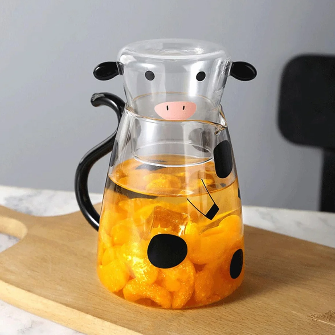 Jarra de Agua Fría de Vidrio Diseño de Vaca 1800 Ml Taza a Juego para Hogar y Restaurante Dispensador de Agua Fría y Jarra de Leche Forma de Cristal para Jugos y Té