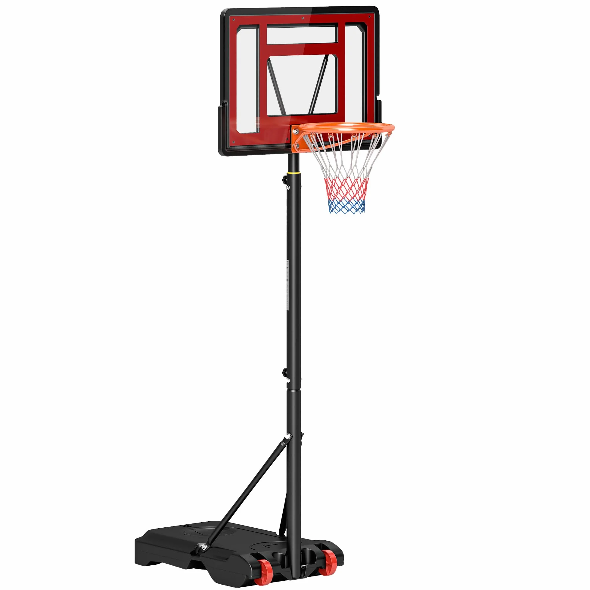 HOMCOM Canasta de Baloncesto Ajustable 205-261 cm Aro Portátil con Soporte de Acero Base Rellenable 2 Ruedas Transporte Rojo Negro