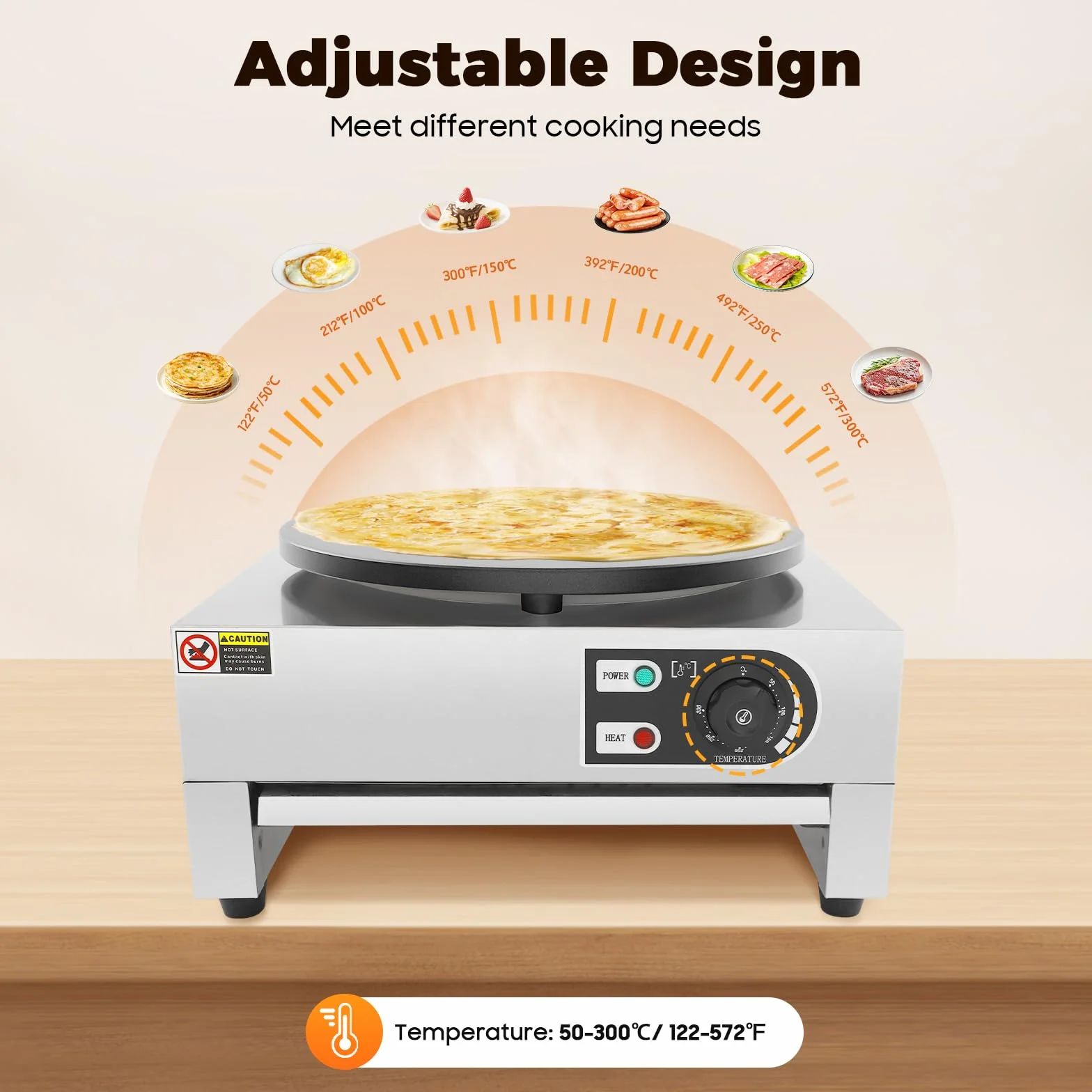 Crepemaker - Máquina eléctrica para crepes (3000 W, 40 cm, antiadherente, acero inoxidable, control de temperatura, para panqueques, tortitas de huevo, crepes