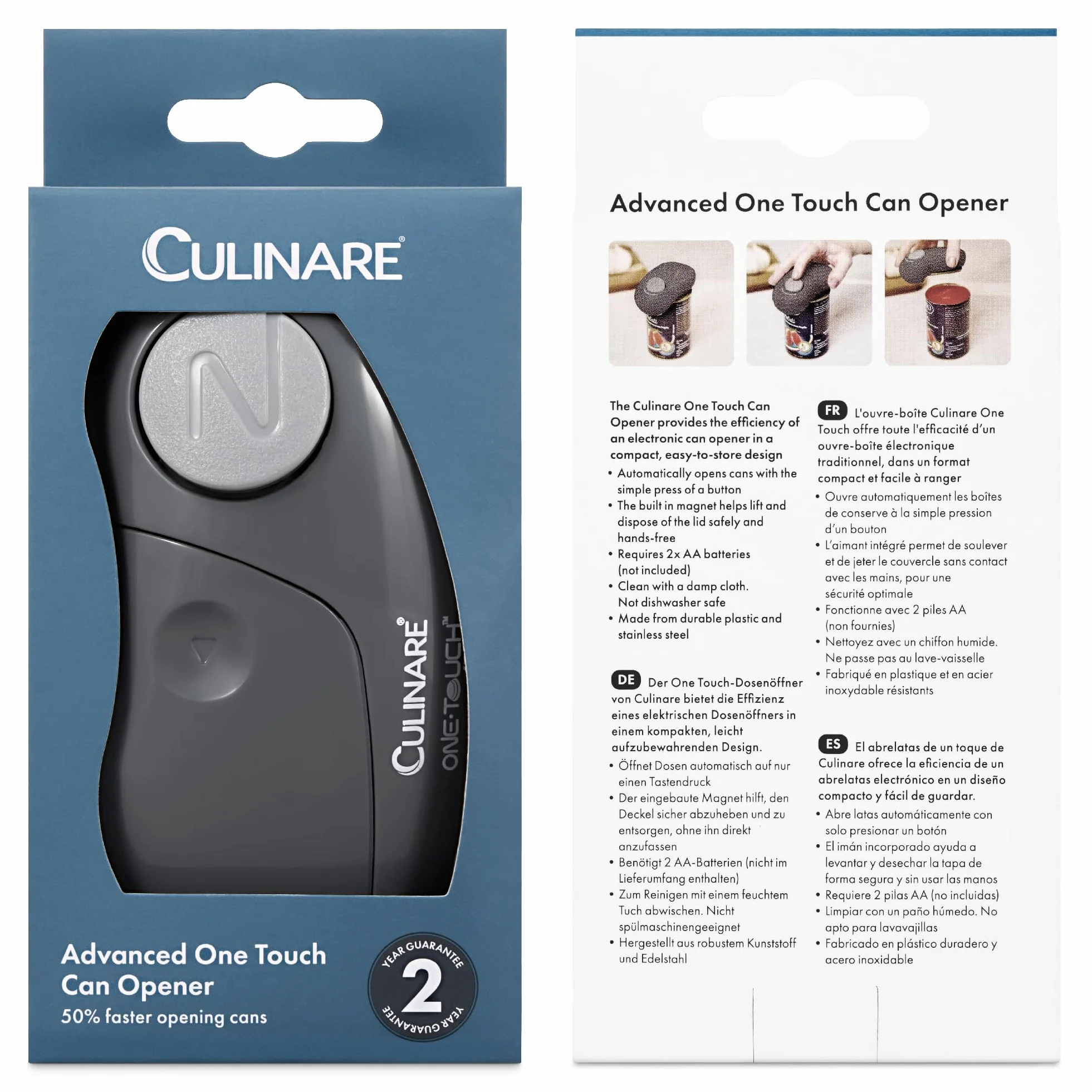 Culinare Abrelatas Electrónico One Touch, Gris, Plástico/acero Inoxidable, Abrelatas Automático, Funciona Con Pilas/uso Manos Libres/Extracción Magnética de Tapa, Pilas No Incluidas