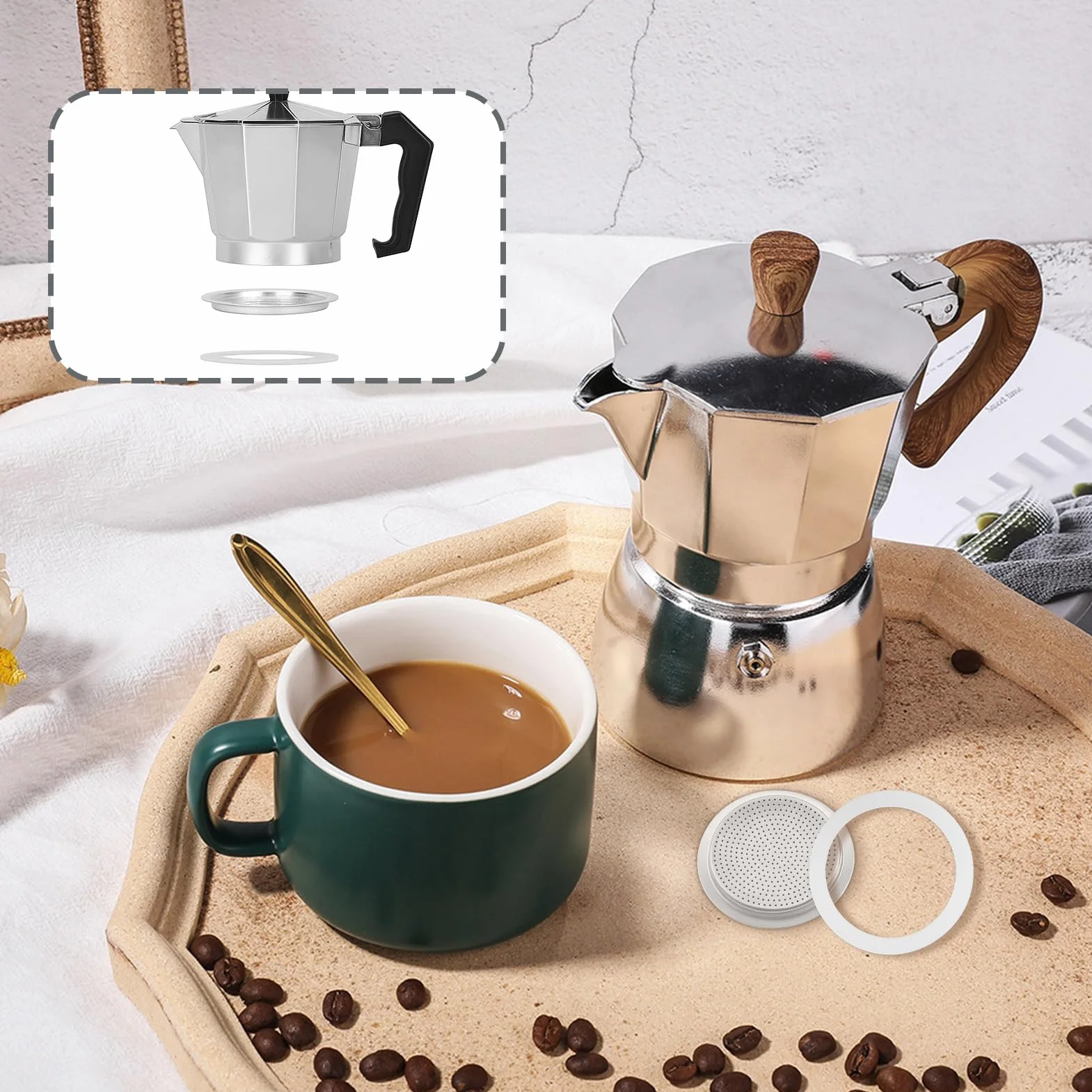 6 juntas de sellado para cafetera espresso, 6 tazas, junta de repuesto de silicona para cafetera espresso, con 2 piezas de filtro de aluminio, anillos de sellado para aluminio cafeteras