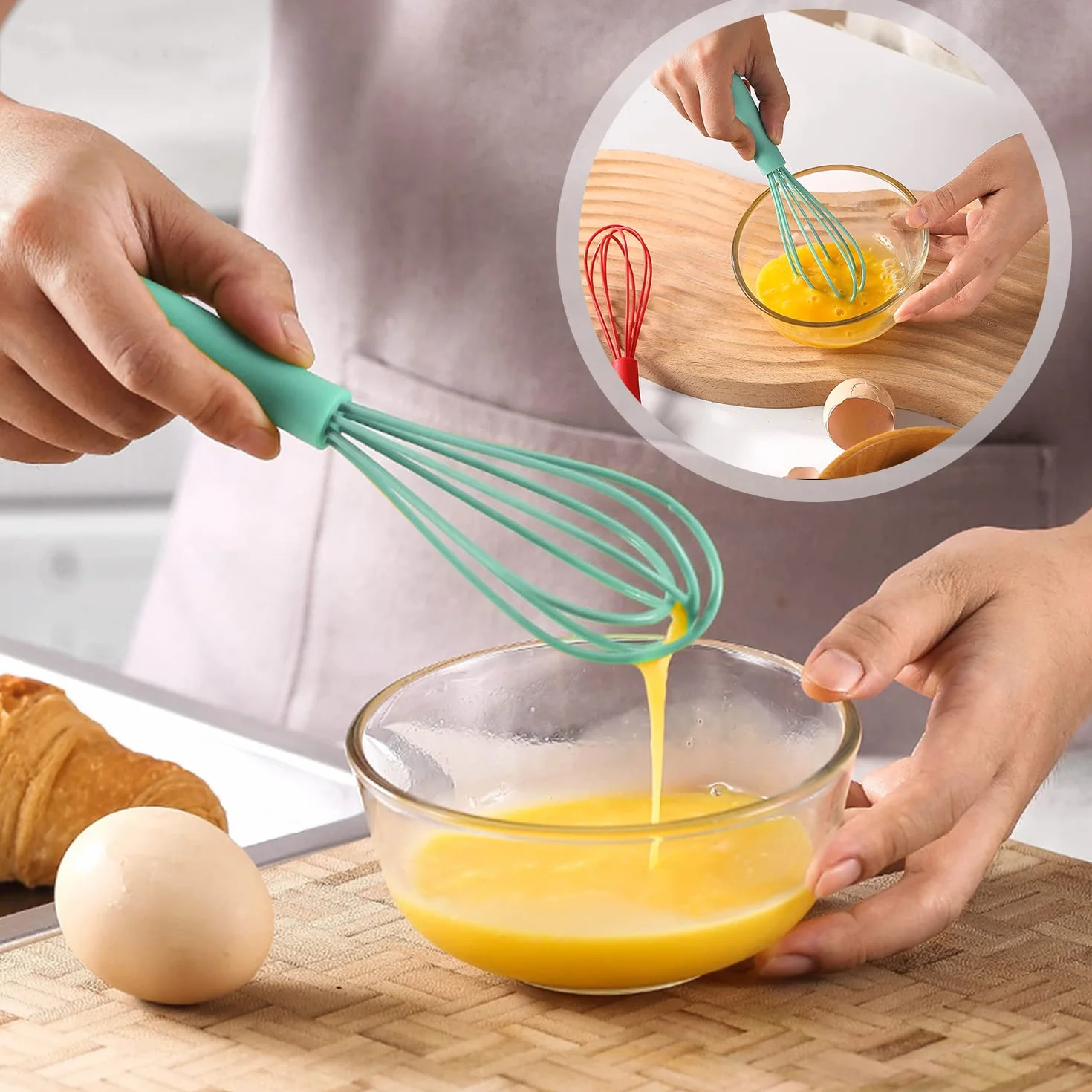 5 Piezas Batidora de Cocina Antiadherente en Silicona, Batidor de Mano Silicona para Mezclar, Batir, Espumar y Revolver