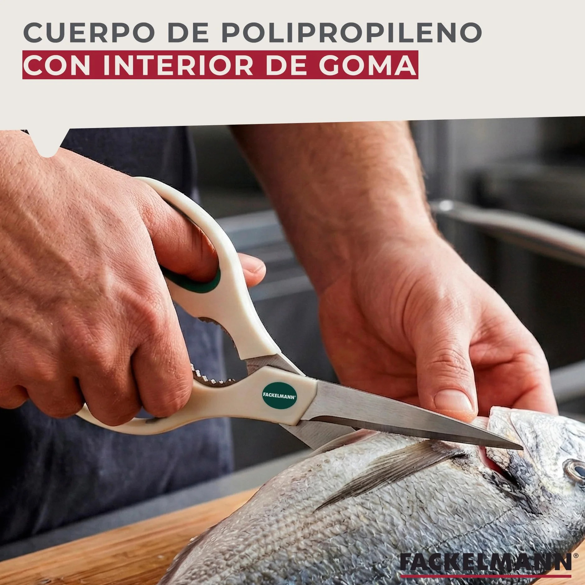 Fackelmann Tijeras Cocina Multifunción de gran tamaño Acero Inoxidable, Polipropileno y Goma, Color Blanco, 22 cm