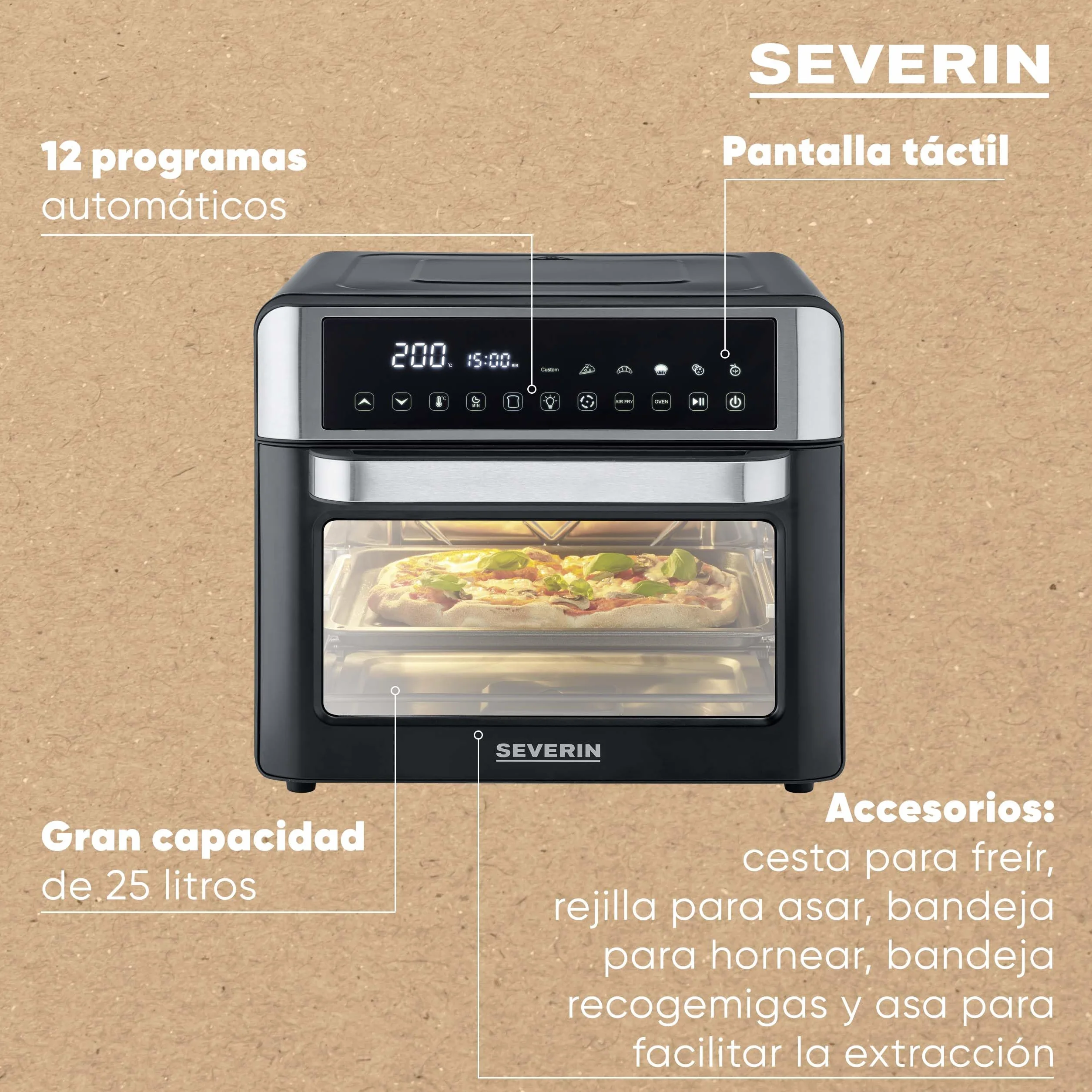 Severin Horno de sobremesa 2-en-1 tostador y freidora sin aceite, 25 L, con pantalla LED, temporizador y 12 programas automáticos; 40-220 °C, 2200 W, negro y plateado, TO 9579