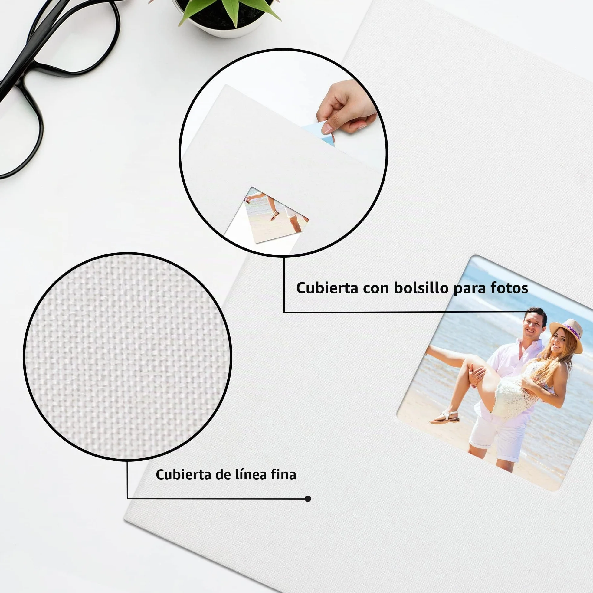 Álbum de Fotos Autoadhesivo 28x27 cm 40 Páginas para Fotos 10x15 13x18, Álbum Scrapbook de Lino para Pegar y Escribir, Con Bolígrafo Metálico, Regalo Familia Bodas Viajes, Blanco
