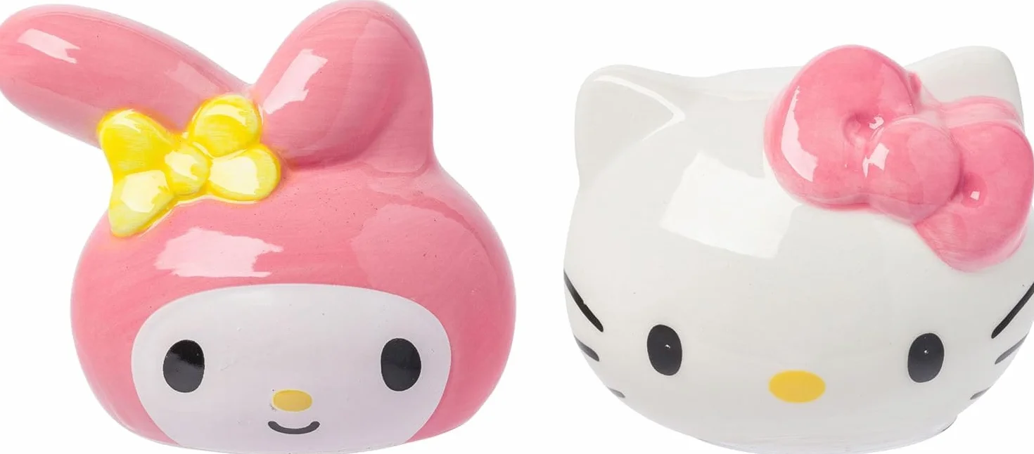 Silver Buffalo Hello Kitty and Melody - Salero y pimentero de cerámica, diseño de caras de Hello Kitty