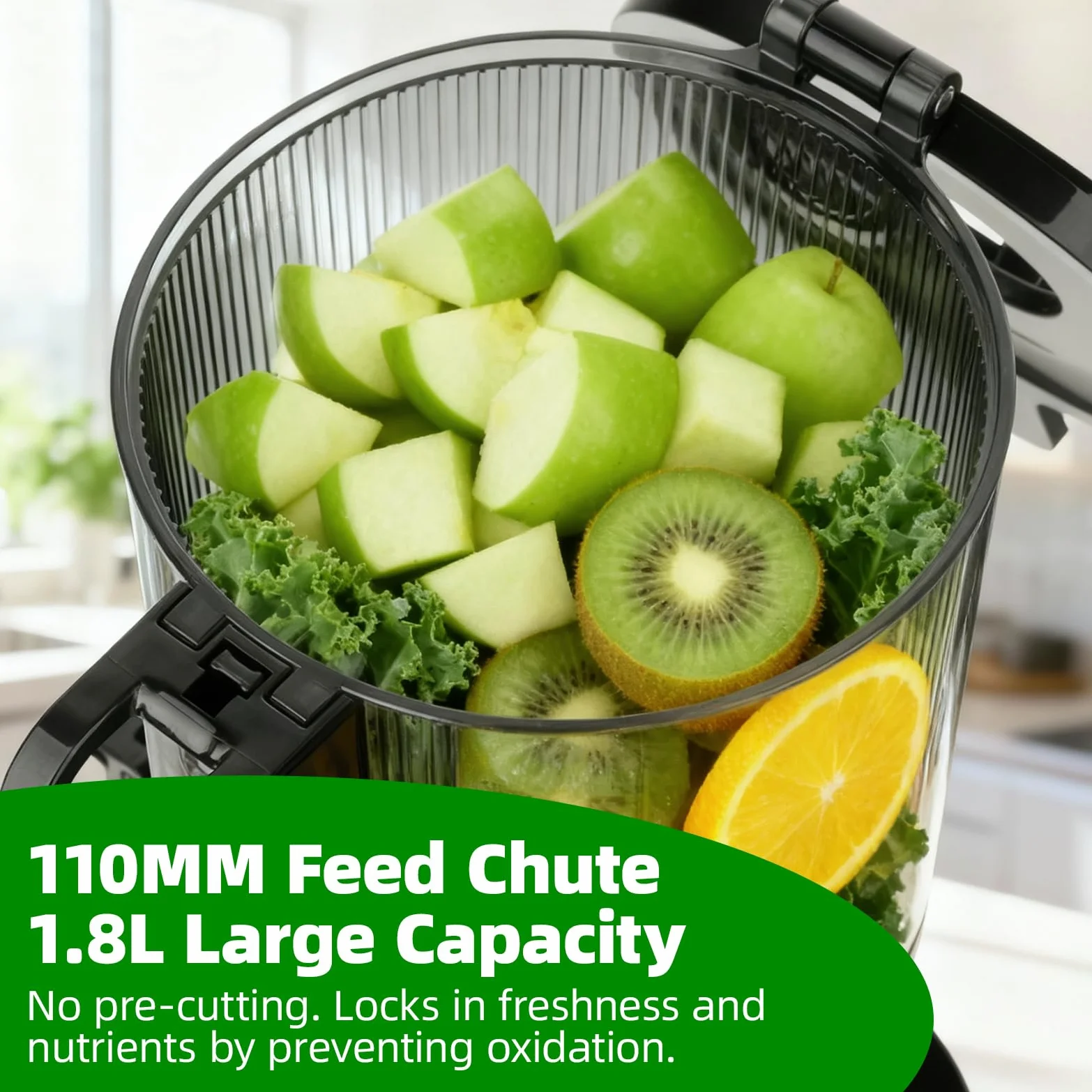 Exprimidor de prensa en frío con canal de alimentación grande de 110 mm, máquinas exprimidoras masticables para frutas y verduras enteras, exprimidor lento de alimentación automática con bajo ruido
