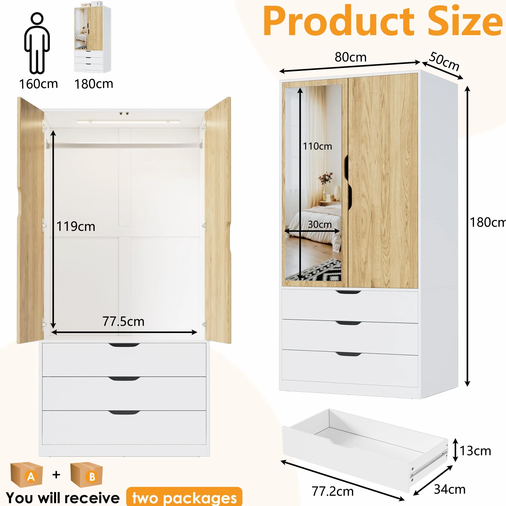 MSFE Armarios Dormitorio 2 Puertas y 3 Cajones, Moderno Armario Ropero con Espejo y Luces LED para Dormitorio, Habitación Infantil, Pasillo, 80x50x180 cm, Blanco