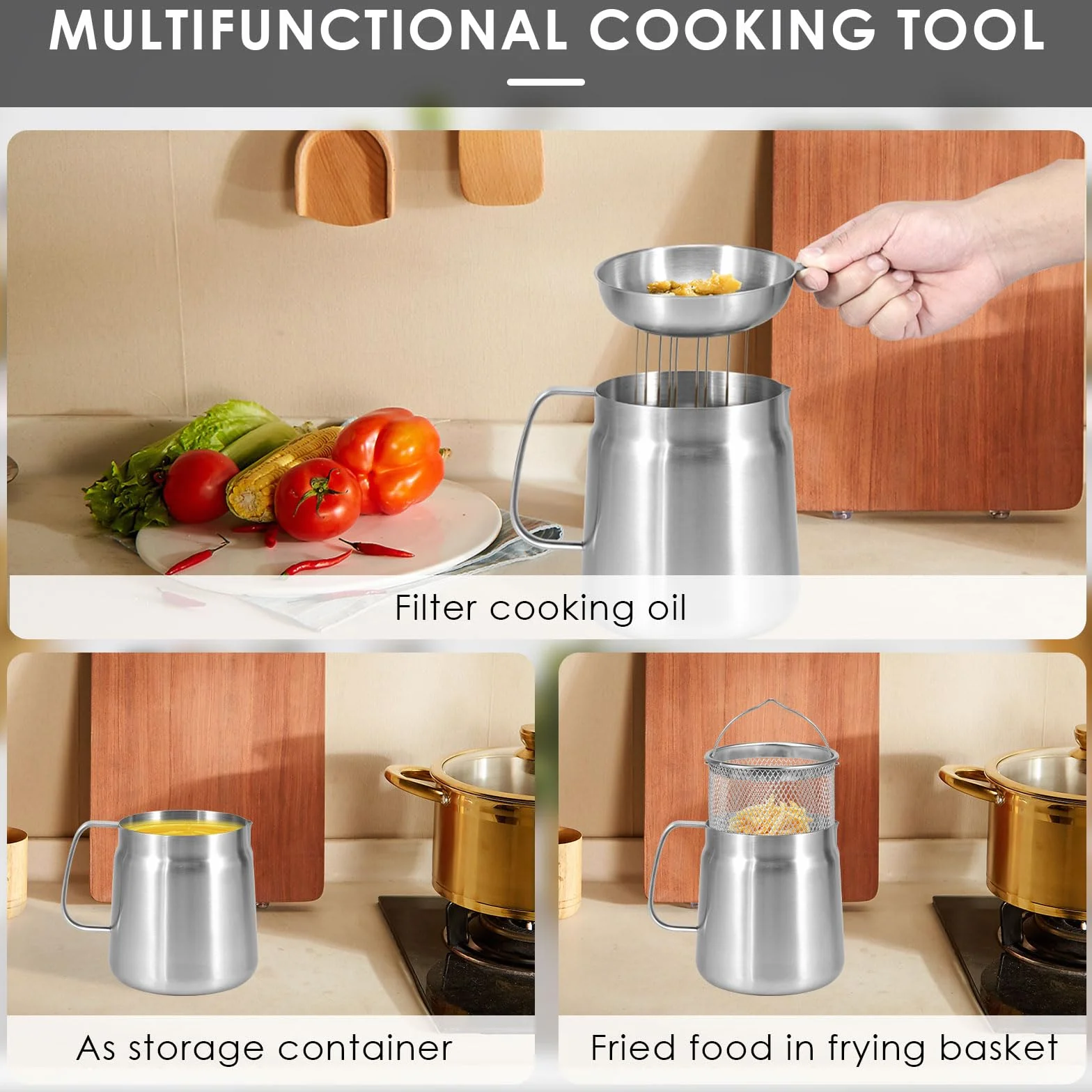 UKQRRTC Olla de almacenamiento de aceite con tapa de filtro y cesta para freír, 1,5 L/2 L, gran capacidad, colador de grasa y recipiente para cocina o freír aceite (2 L)