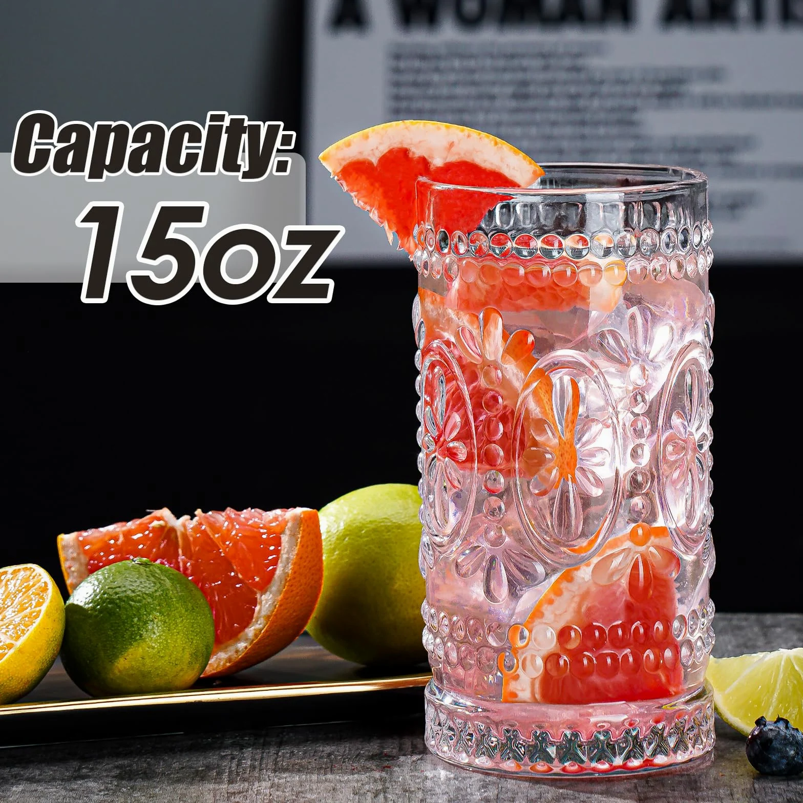 Vasos vintage para beber, 8 vasos de vidrio románticos, vasos altos de 15 onzas, vasos altos de agua, tazas de mojito, vaso de cóctel, juego de cristalería vintage para agua, jugo, cóctel