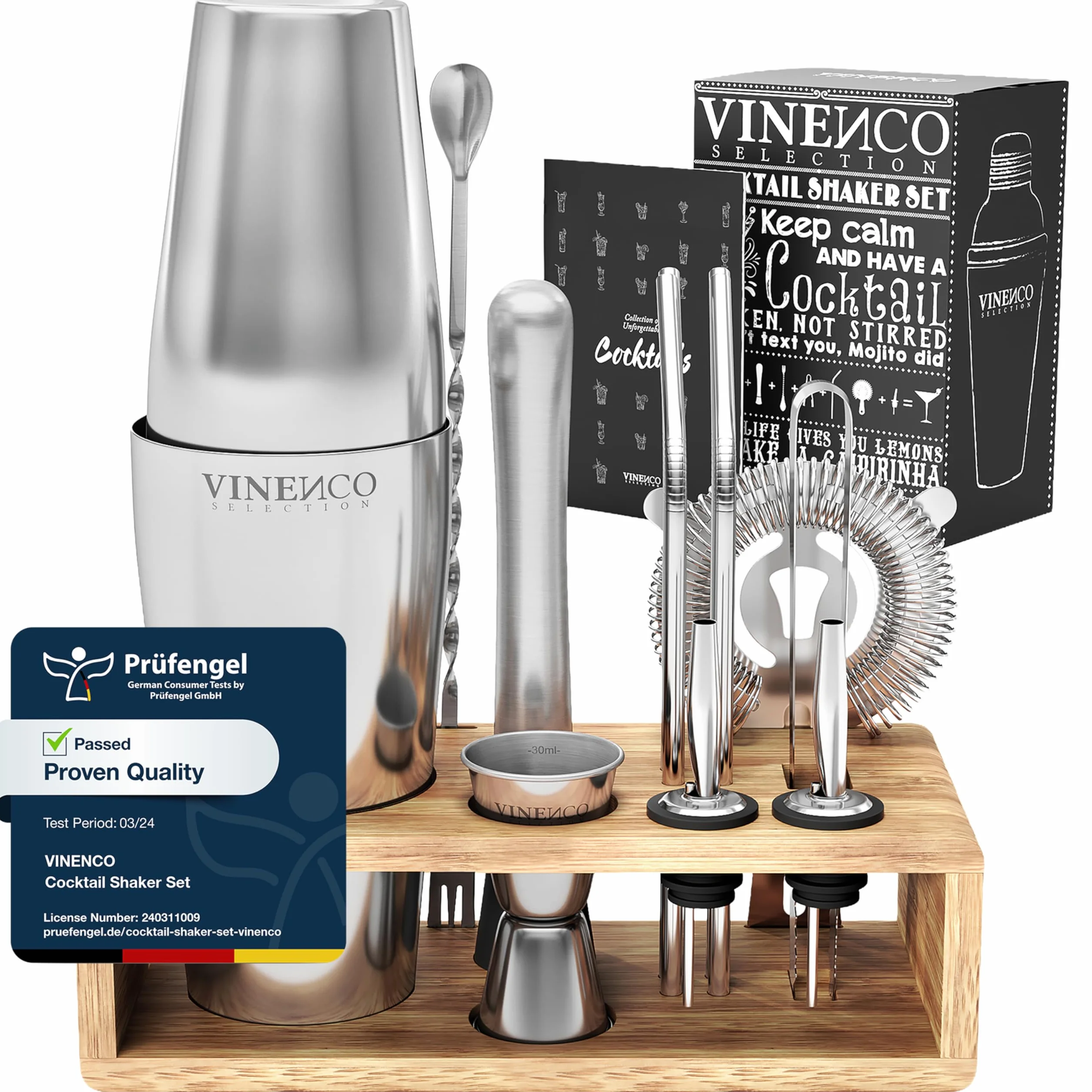 Coctelera Coctéles con Soporte Boston y Accesorios Profesional + Cóctel Recetas: Juego Coctelería de Calidad | Cocktail Shaker Set Fiesta Bar Kit: Martini Gin Tonic Mojito, Caja Regalo Mujer Hombre