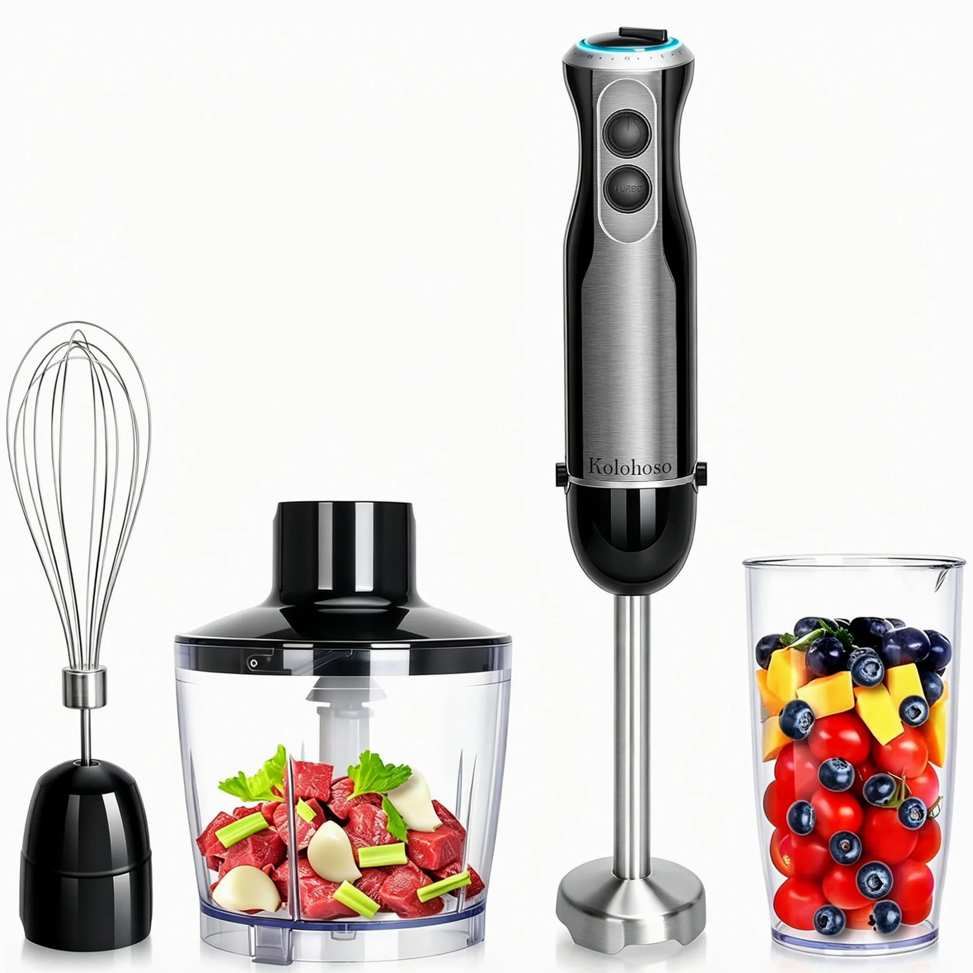 1500W Batidora de Mano 4 en 1 Botón TURBO 20 Velocidades Batidora Picadora | Batidora de Inmersión Multifunción 4 Hojas de Acero Inoxidable, Batidor de Huevos, Vaso Medidor 600ml y Picadora 500ml