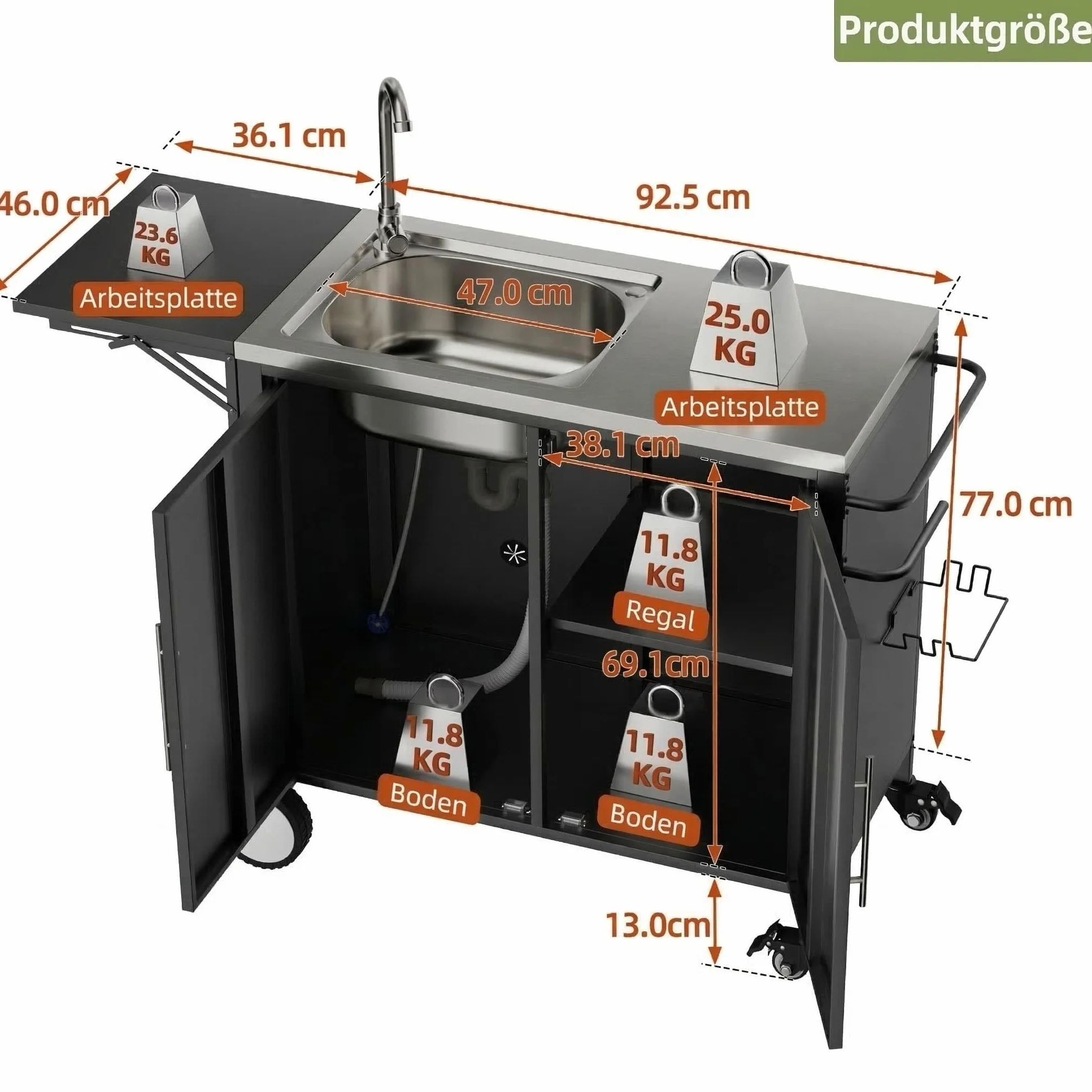 Carrito de barbacoa enrollable con fregadero y encimera plegable, isla de cocina con armario de almacenamiento de acero inoxidable 304 para jardín, terraza y césped