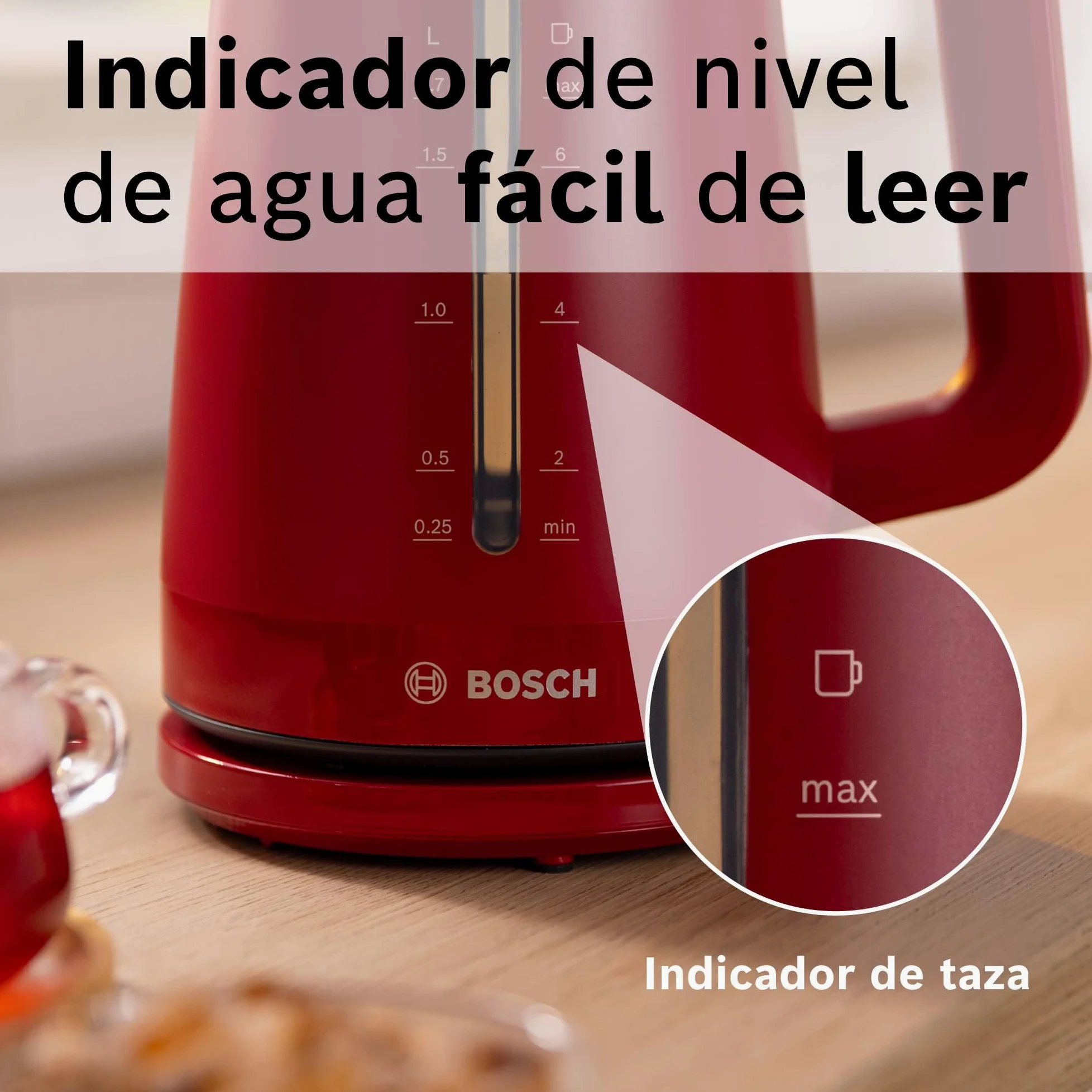 Bosch - hervidor eléctrico, MyMoment, manejo ergonómico, triple sistema de seguridad, filtro antical, capacidad de 1,7 l, rojo intenso, TWK3M124 | Hervidor, calentamiento rápido, filtro extraíble, indicador de nivel de agua, apagado automático, fácil de l