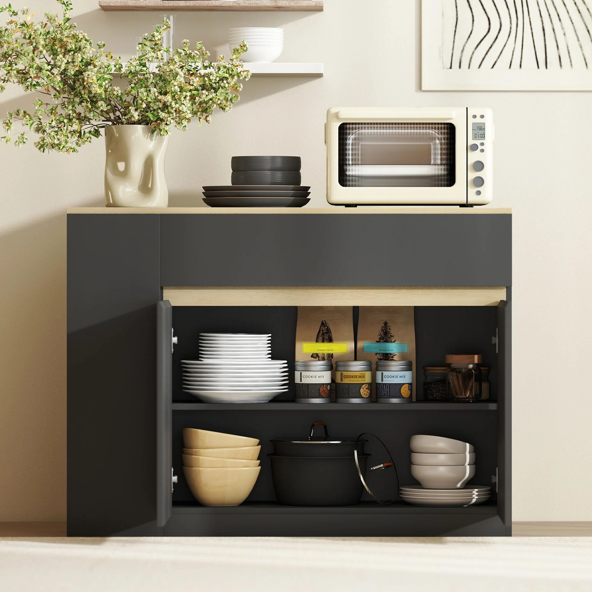 HOMCOM Aparador de Cocina, Armario de Cocina Estrech con 2 Cajones, 3 Estantes Abiertos, 2 Puertas, Estante Ajustable, Aparador Nórdico para Comedor, 110x29,5x82 cm, Negro