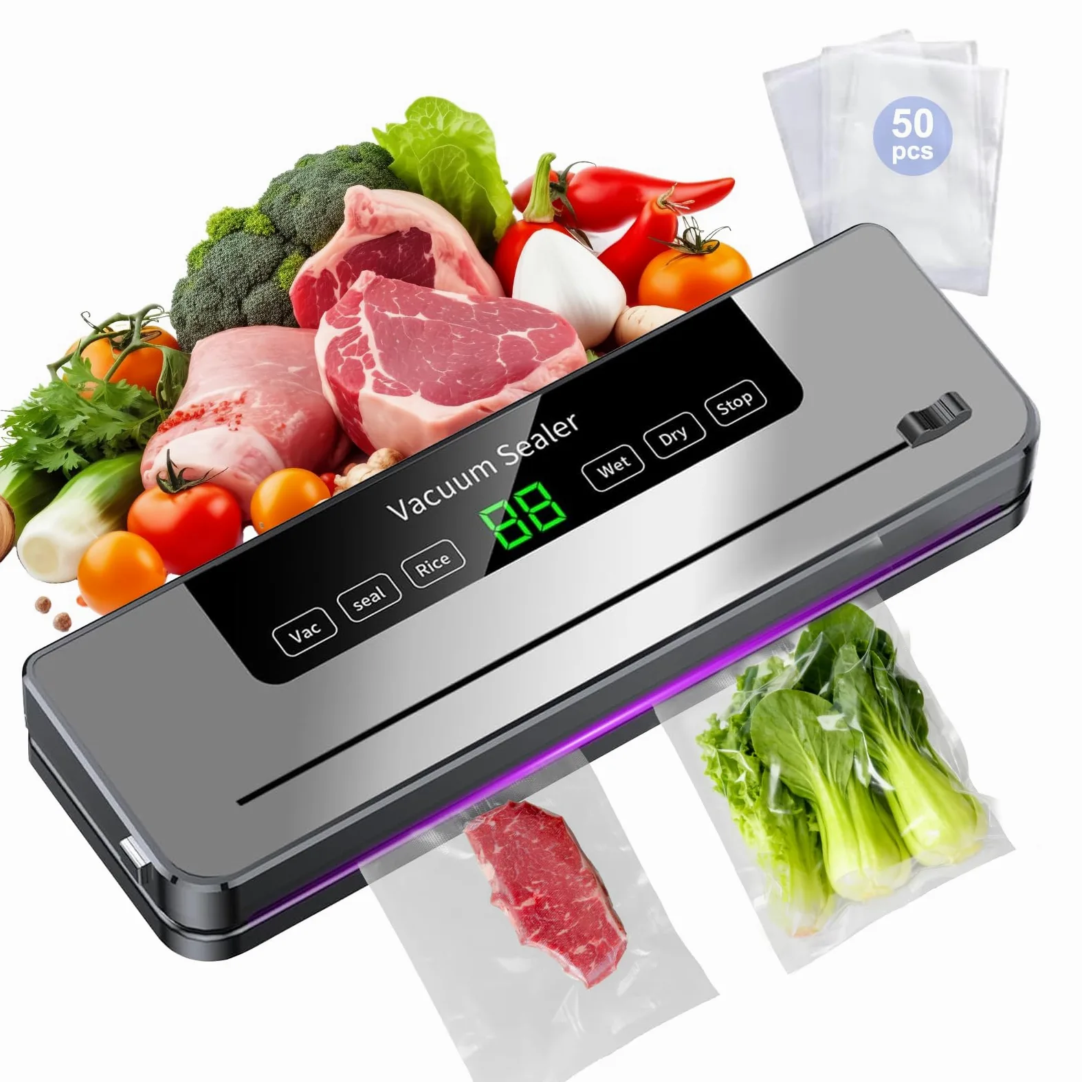 Máquina Selladora al Vacío de Alimentos, con 50 Bolsas de Vacío, Dispositivo de Envasadora al Vacio Multifuncional 5 en 1, con Modo húmedo y Seco Para Almacenar Frutas, Verduras, pan, Carne