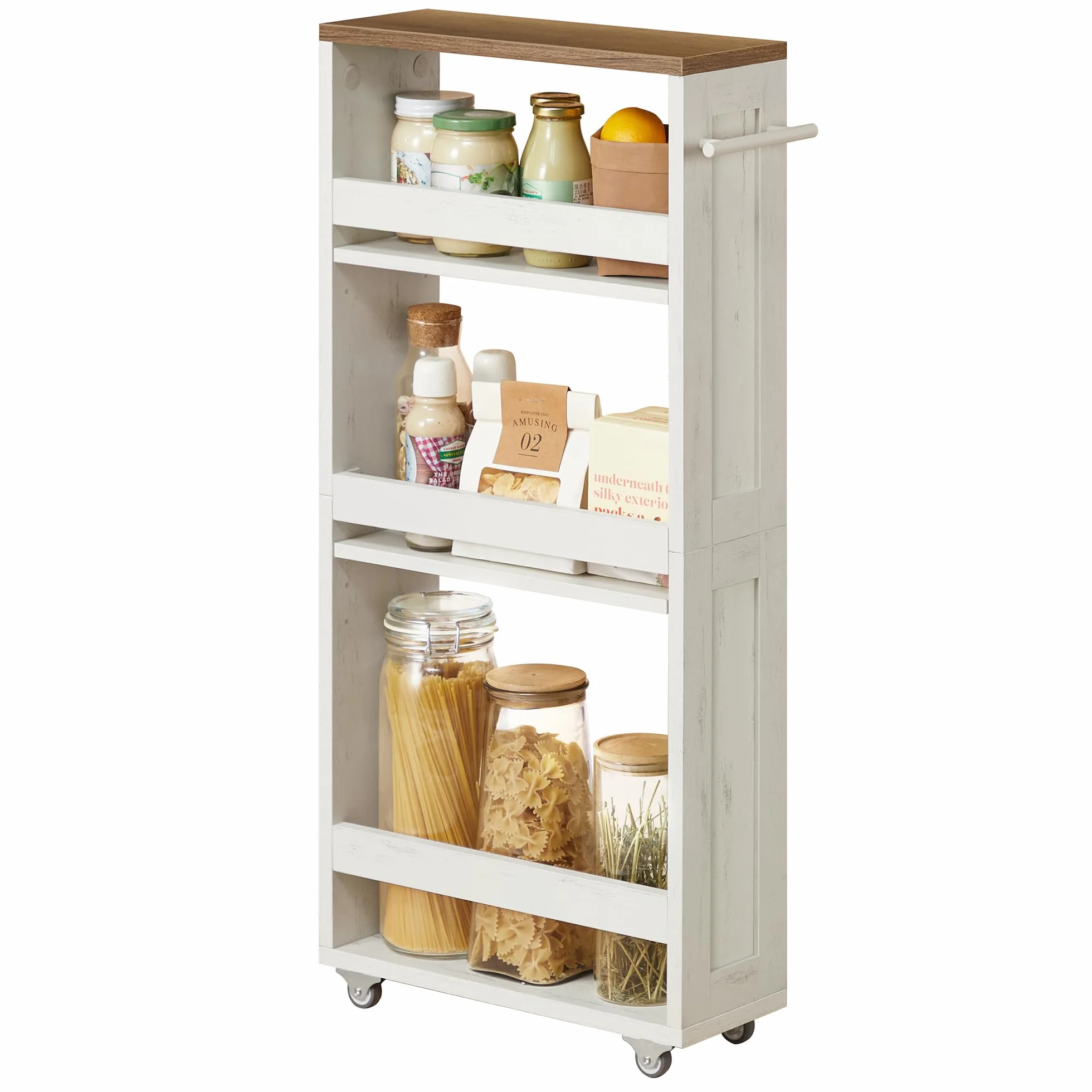 VASAGLE Carrito de Almacenaje Delgado de 4 Niveles, Estante de Cocina con Ruedas, con Asa, Espacio Pequeño, 15 x 43,2 x 86,5 cm, Baño, Lavandería, Blanco Rústico y Marrón Miel LRC050K01