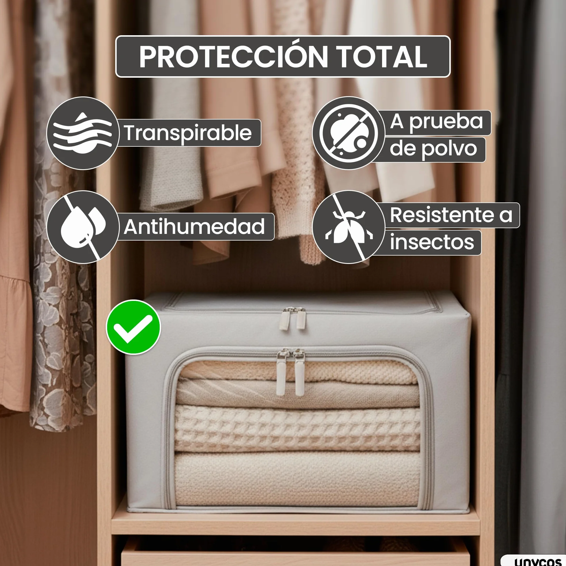 unycos - Cajas de Almacenaje de Ropa【3 Piezas | 24L】 Bolsas con Estructura Resistente de Hierro, Asas Reforzadas y Ventana Transparente, Organizador de Toallas, Edredones | 10 kg (Grey; Iron Rod)