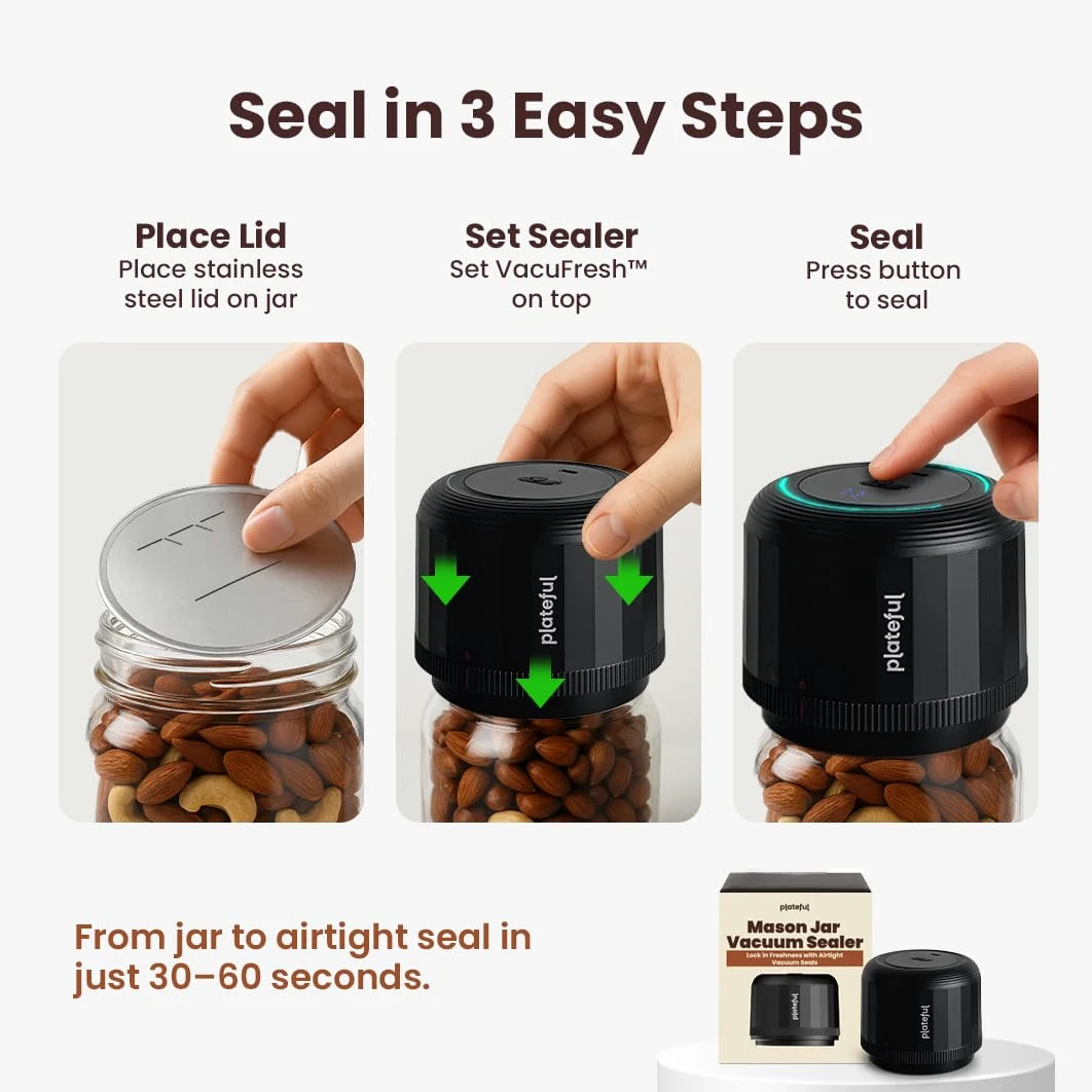 Plateful Kit de sellado al vacío eléctrico para tarros Mason Jar (tapas incluidas) para tarros de boca ancha y boca regular, sellador al vacío portátil, máquina enlatadora de almacenamiento de