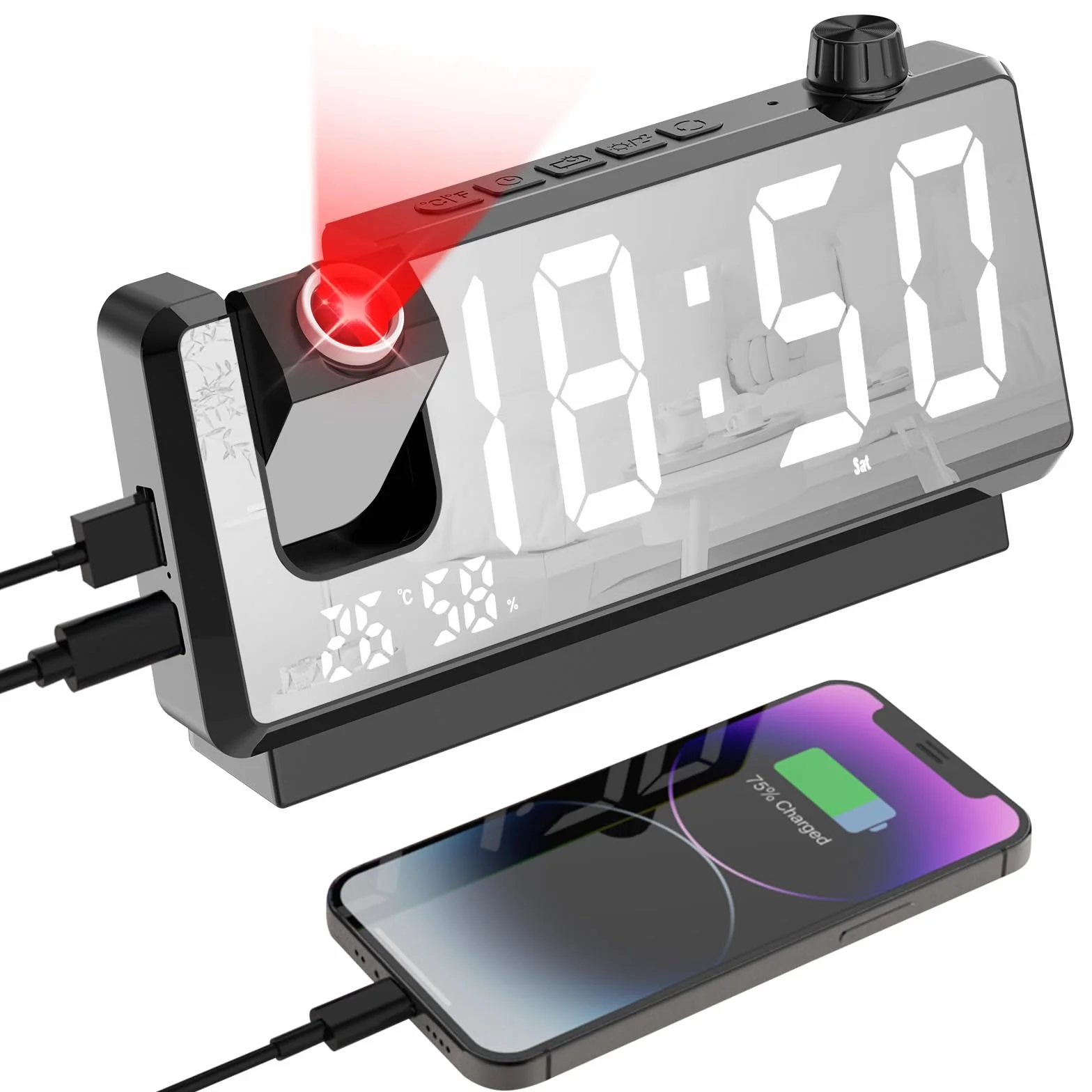 Cuteefun Reloj Proyector Techo, 7 Pulgadas Despertador Digital, Proyector de 180°, Puerto USB Doble, Temperatura y Humedad, Brillo de 3 Niveles, 12/24H, Doble Alarma, Snooze, Negro
