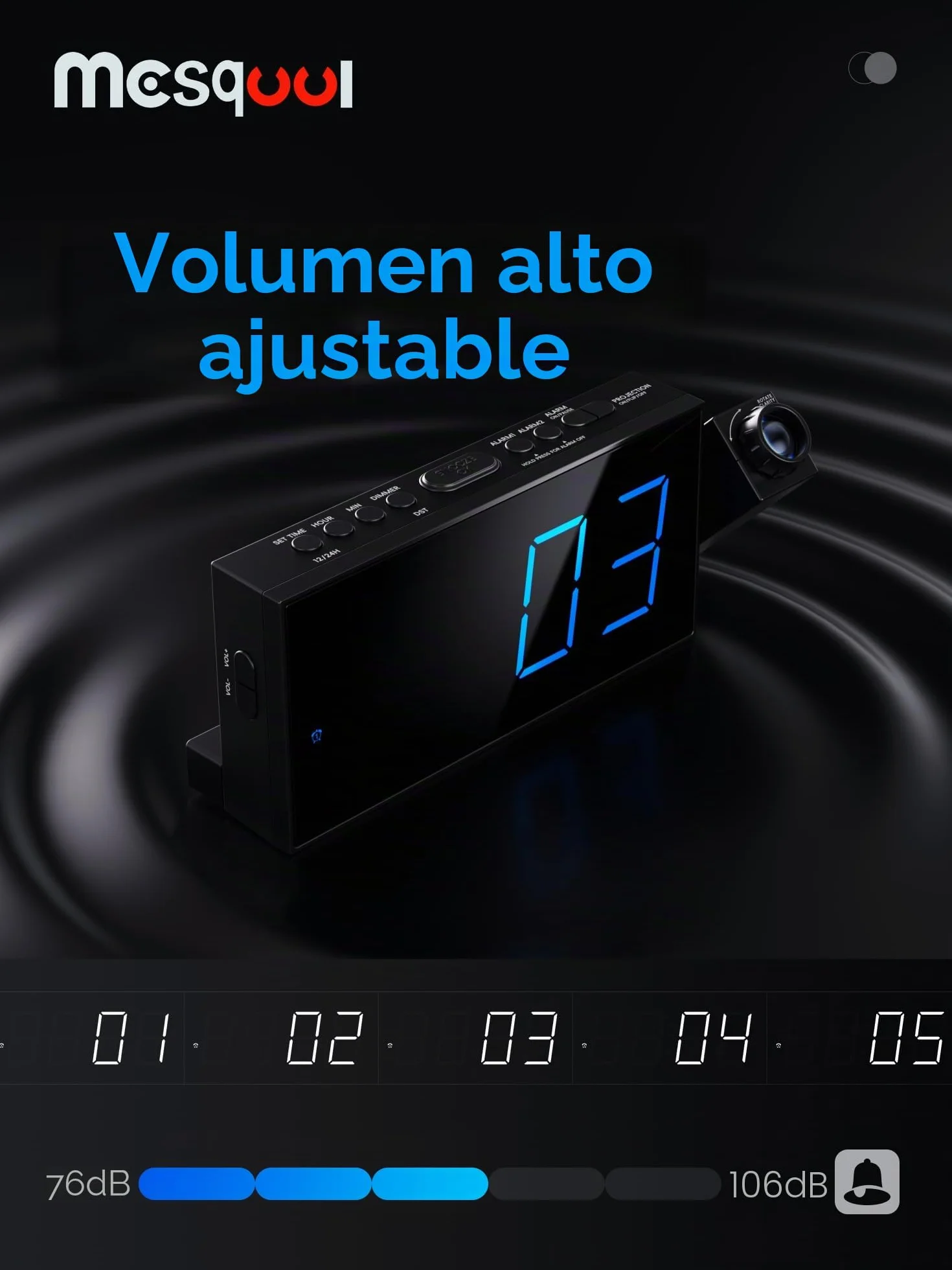 Reloj Despertador de Proyección Digital para Techo de Dormitorios, Reloj con Proyector, Atenuador y Pantalla LED, Timbre Ajustable, Alarmas Duales para Pared, Niños, Personas Mayores con Sueño Pesado