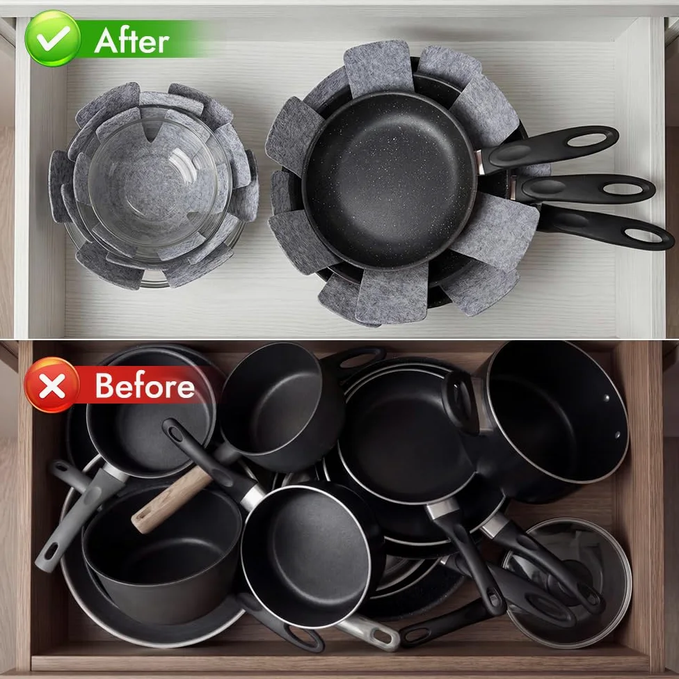 BOYAN Protectores para ollas y sartenes, juego de 12 y 3 tamaños diferentes, almohadillas divisoras de utensilios de cocina, protectores de sartenes apilables, almohadillas separadoras de ollas para