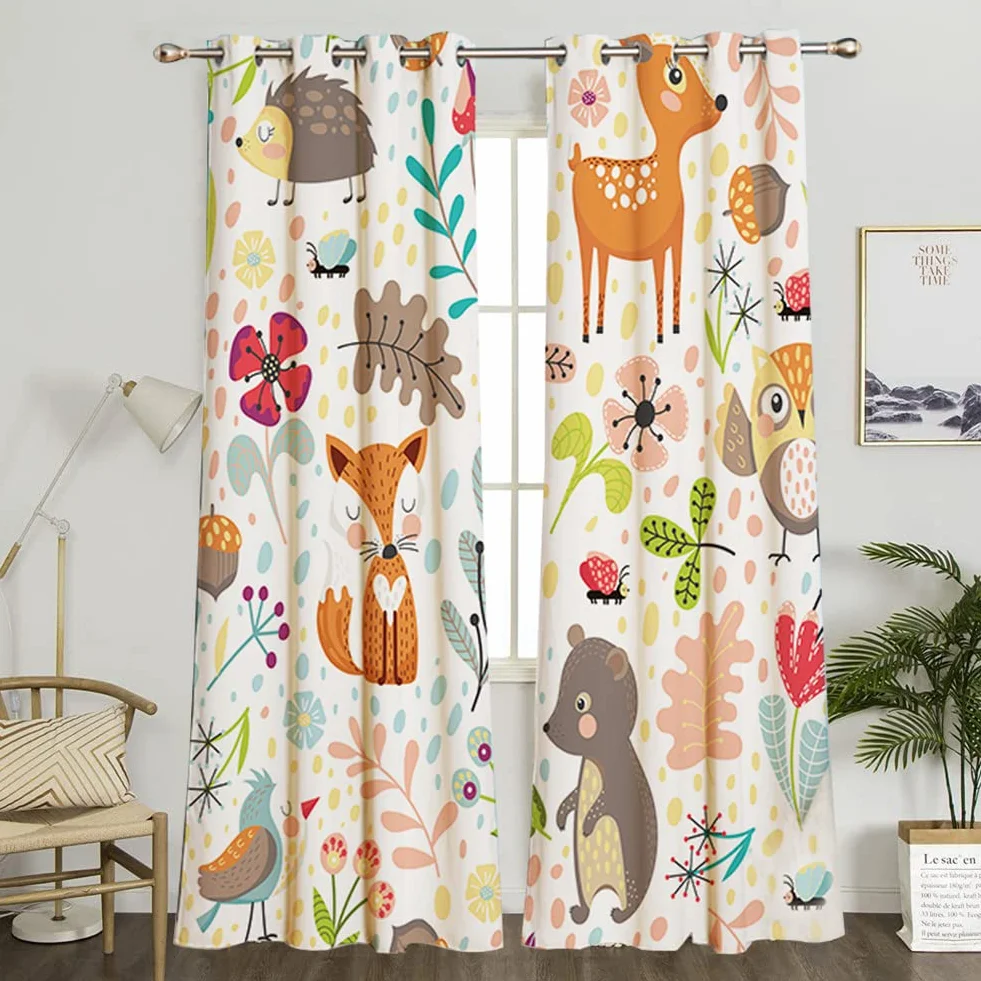 Cortinas opacas infantiles animales búhos flores ojales 160 x 132 cm