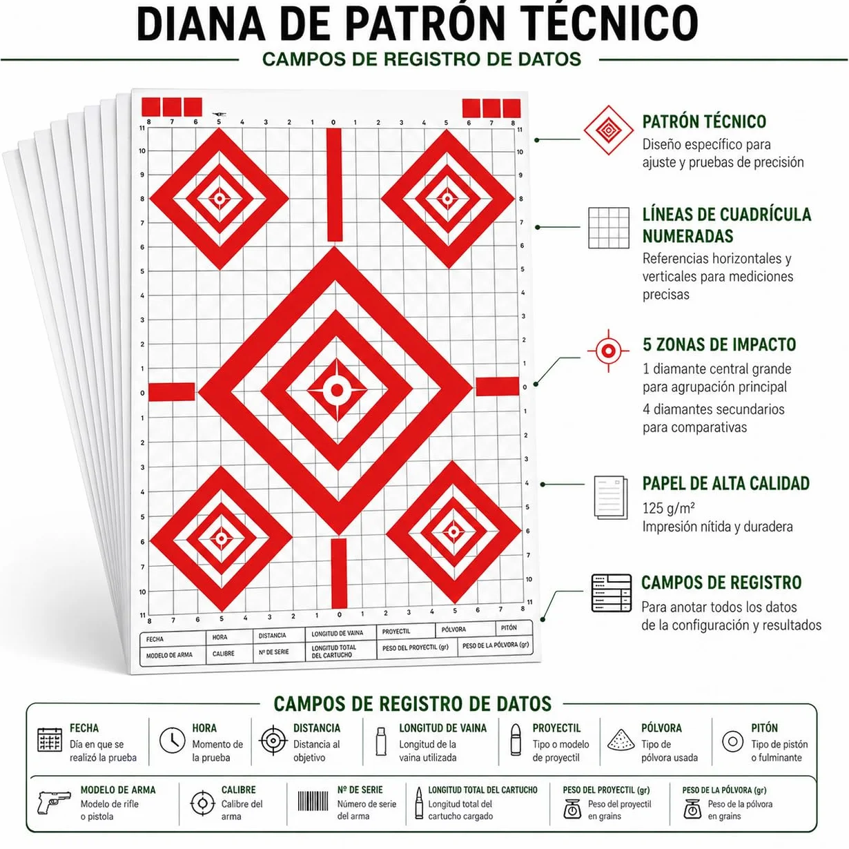 Pack 50 Dianas de Papel para Tiro 43 x 63,5 cm – Blancos con 5 Zonas – Alta Visibilidad – Pistola, Rifle, Aire Comprimido