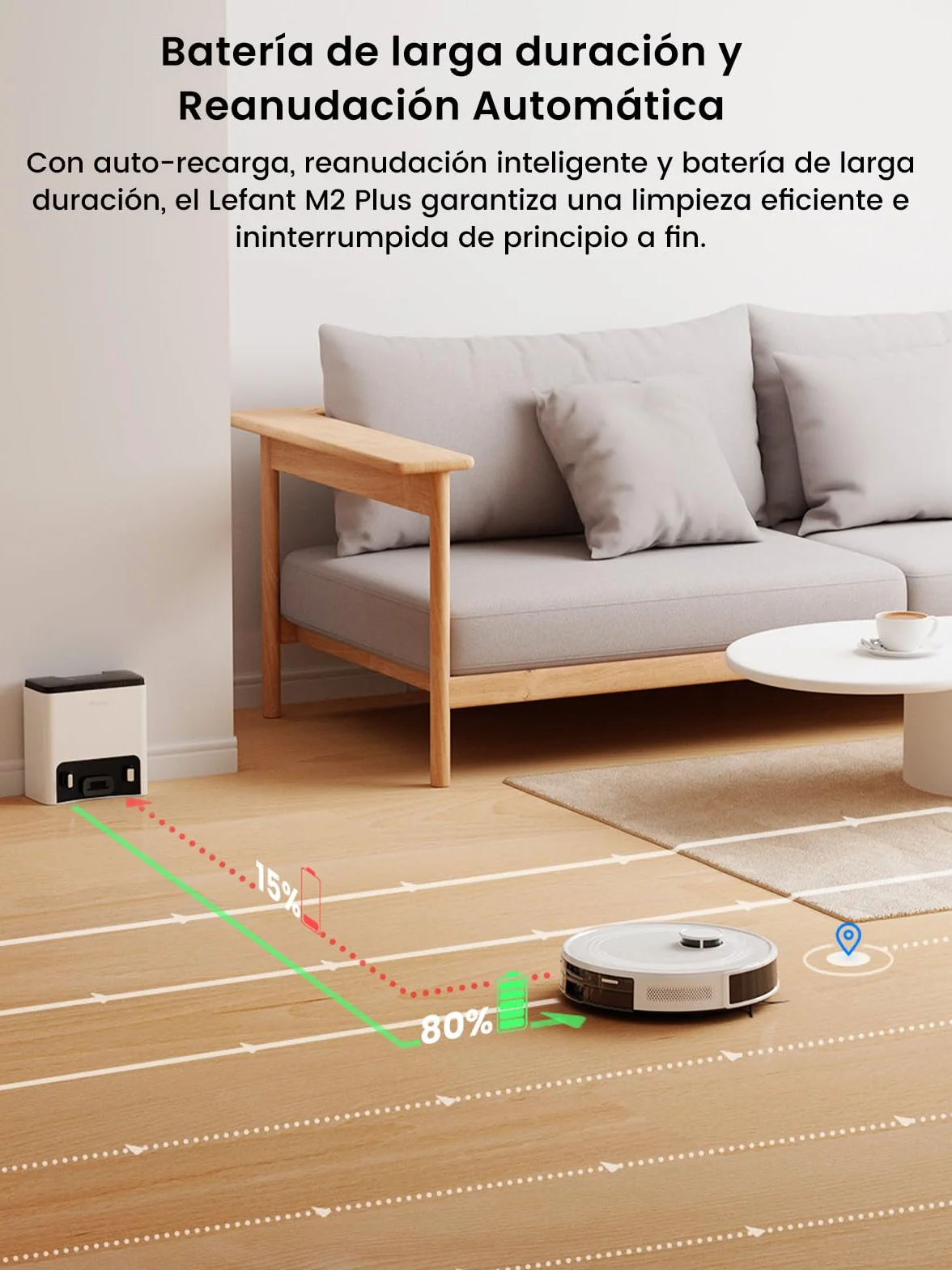 Lefant M2 Plus Robot Aspirador y Fregasuelos, 6000Pa Suction, 140min, Mapeo Inteligente con Base Autovaciado, Navegación LiDar dToF, Ideal para Limpiar Alfombras, Pisos Duros y Pelo Mascotas, Blanco