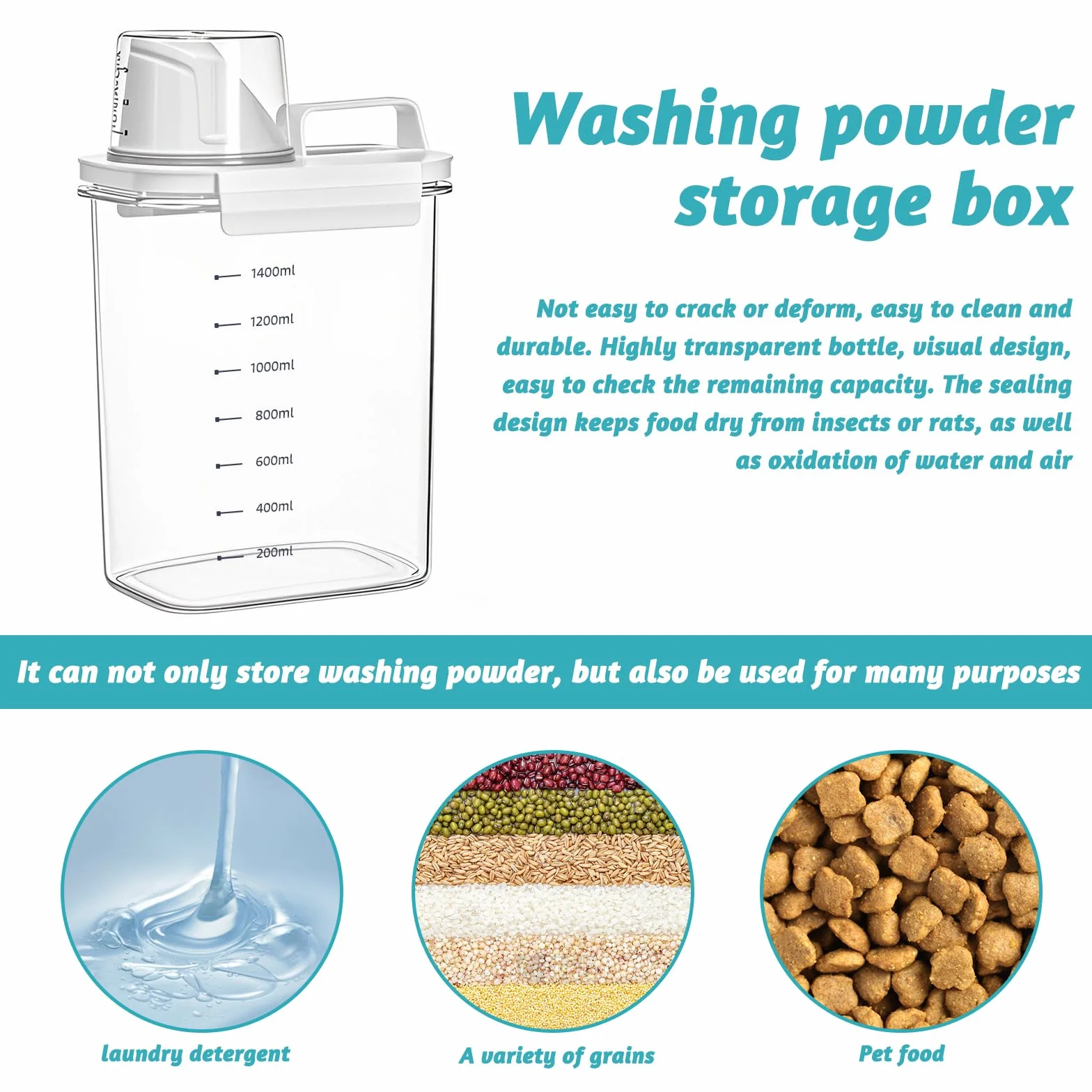 Dispensador de detergente hermético de 1800 ml con vaso medidor, caja de almacenamiento de detergente en polvo, caja de almacenamiento para detergente en polvo