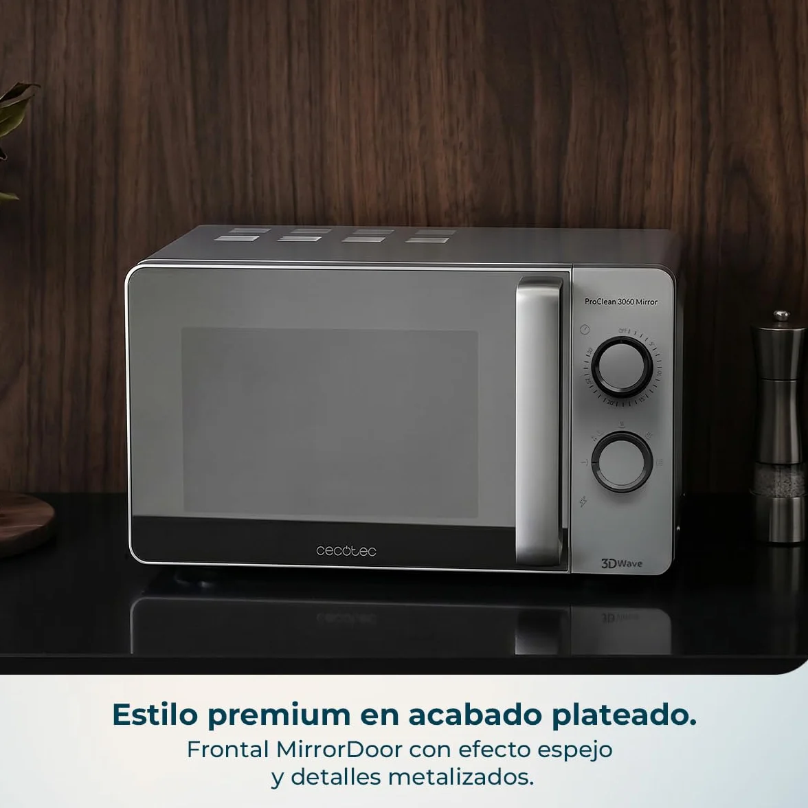 Cecotec Microondas 20L ProClean 3160 Mirror Wave con revestimiento Ready2Clean para una mejor limpieza, tecnología 3DWave, 700 W, 20 l, color plateado