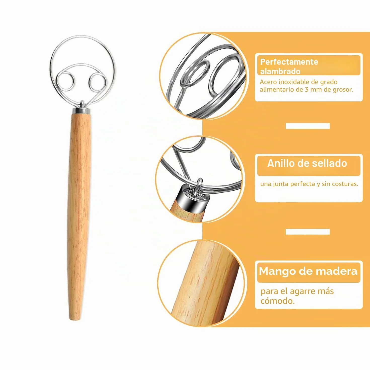 Batidor de masa danés y holandés, alambre de acero inoxidable 304, para batir huevos y masa danesa con mango de madera, para hacer pasteles de pan