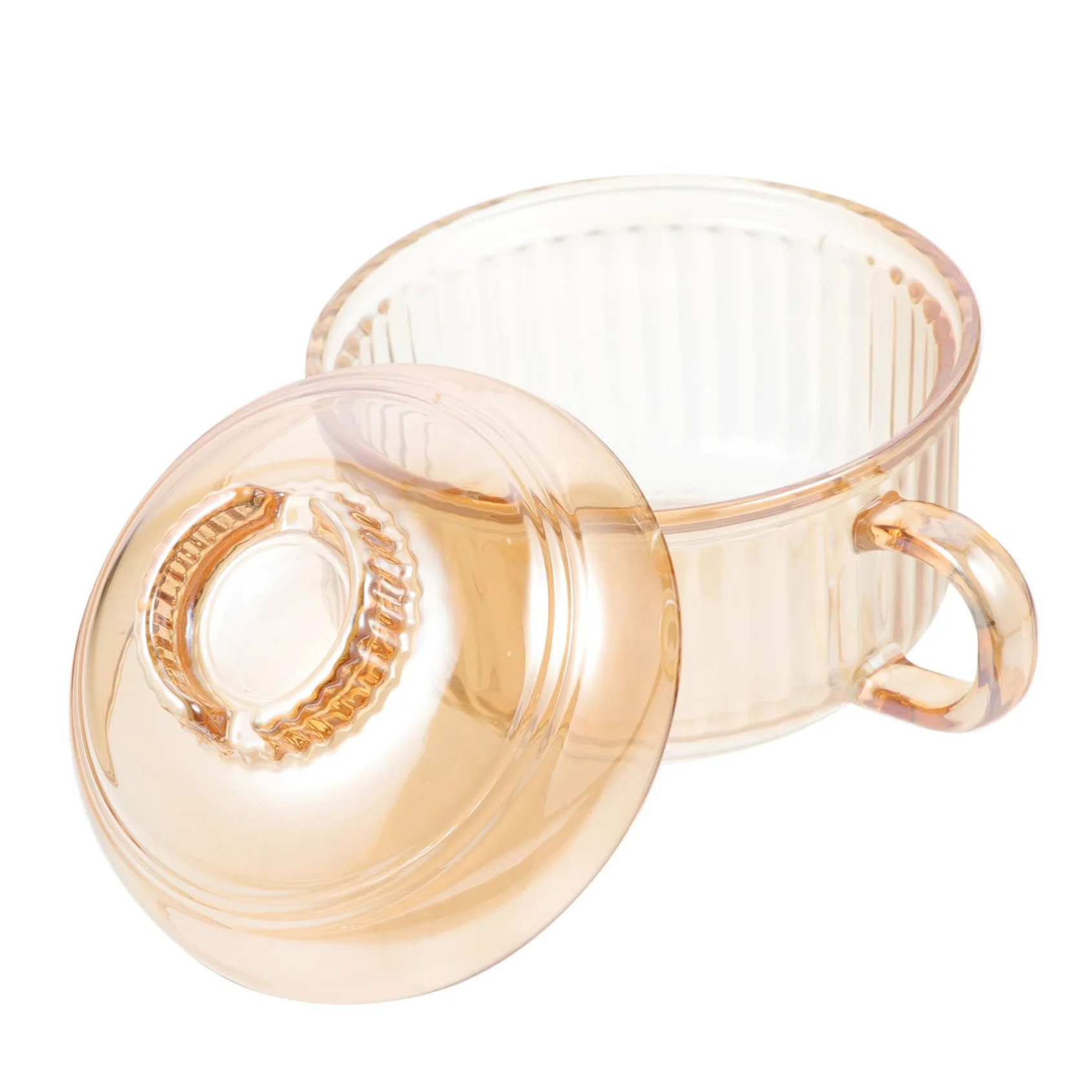 Tazón de Sopa de Vidrio con Asa y Tapa Ámbar con Diseño Vertical, Recipiente Práctico para Cocinar al Vapor, Apto Microondas, para Uso Doméstico y Estofados, Adecuado para Sopas