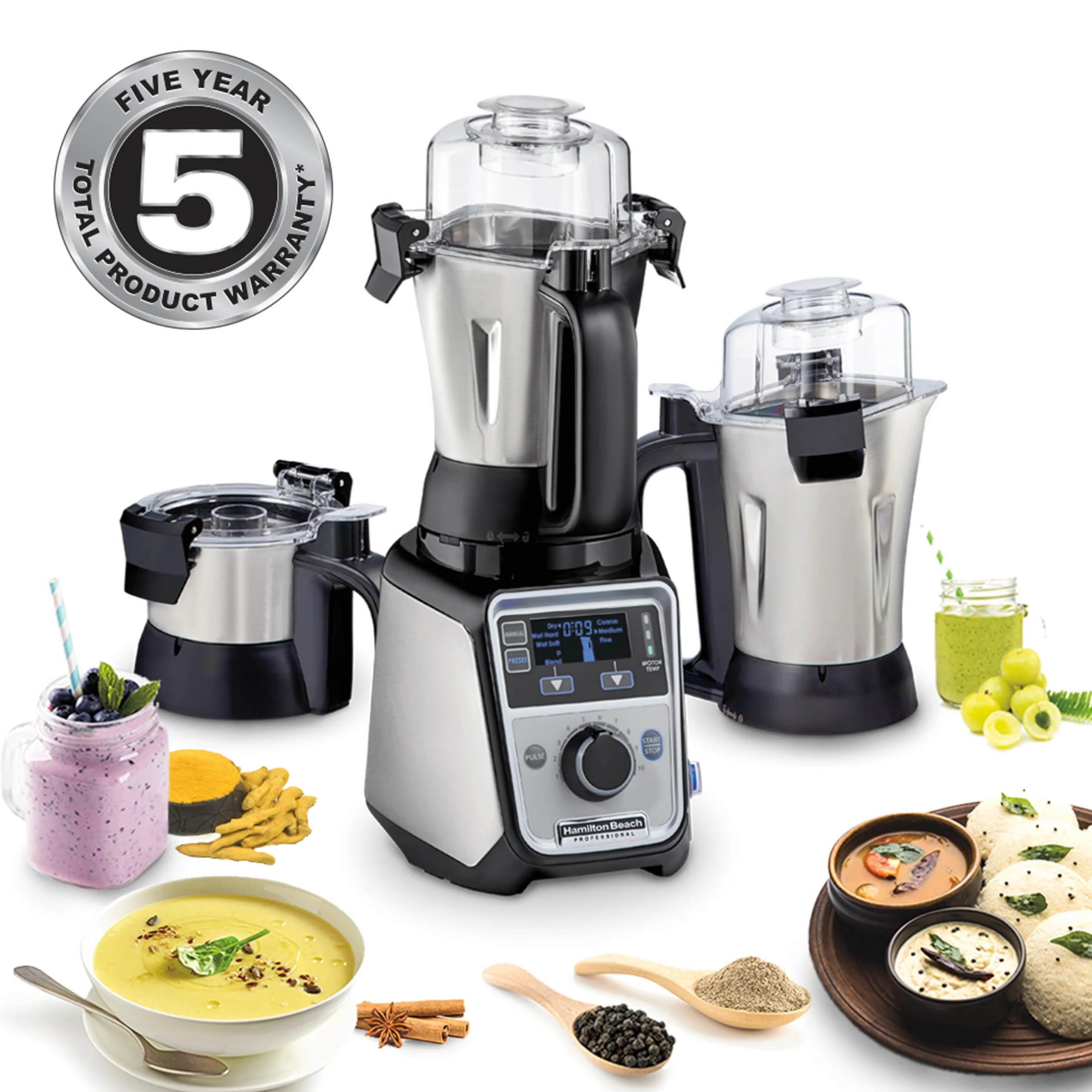 Hamilton Beach - Molinillo mezclador profesional 4 en 1, motor de grado comercial de 1400 W, 120 V, 3 tarros a prueba de fugas, para especias húmedas y secas, chutneys y curries, diseñado en India y