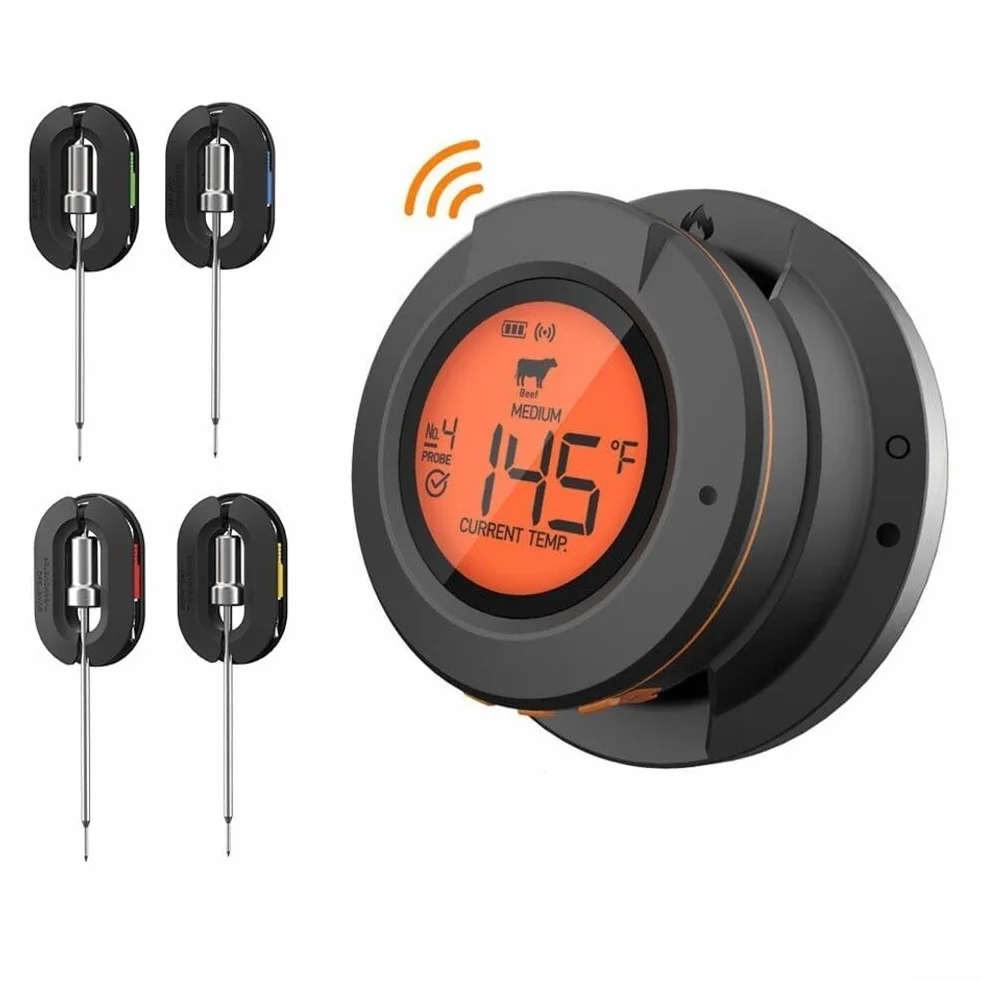 Termómetro inalámbrico para carne con 4 sondas, parrilla digital para cocinar, termómetro de alimentos de acero inoxidable, control de aplicación de largo alcance (termómetro+2 sondas)