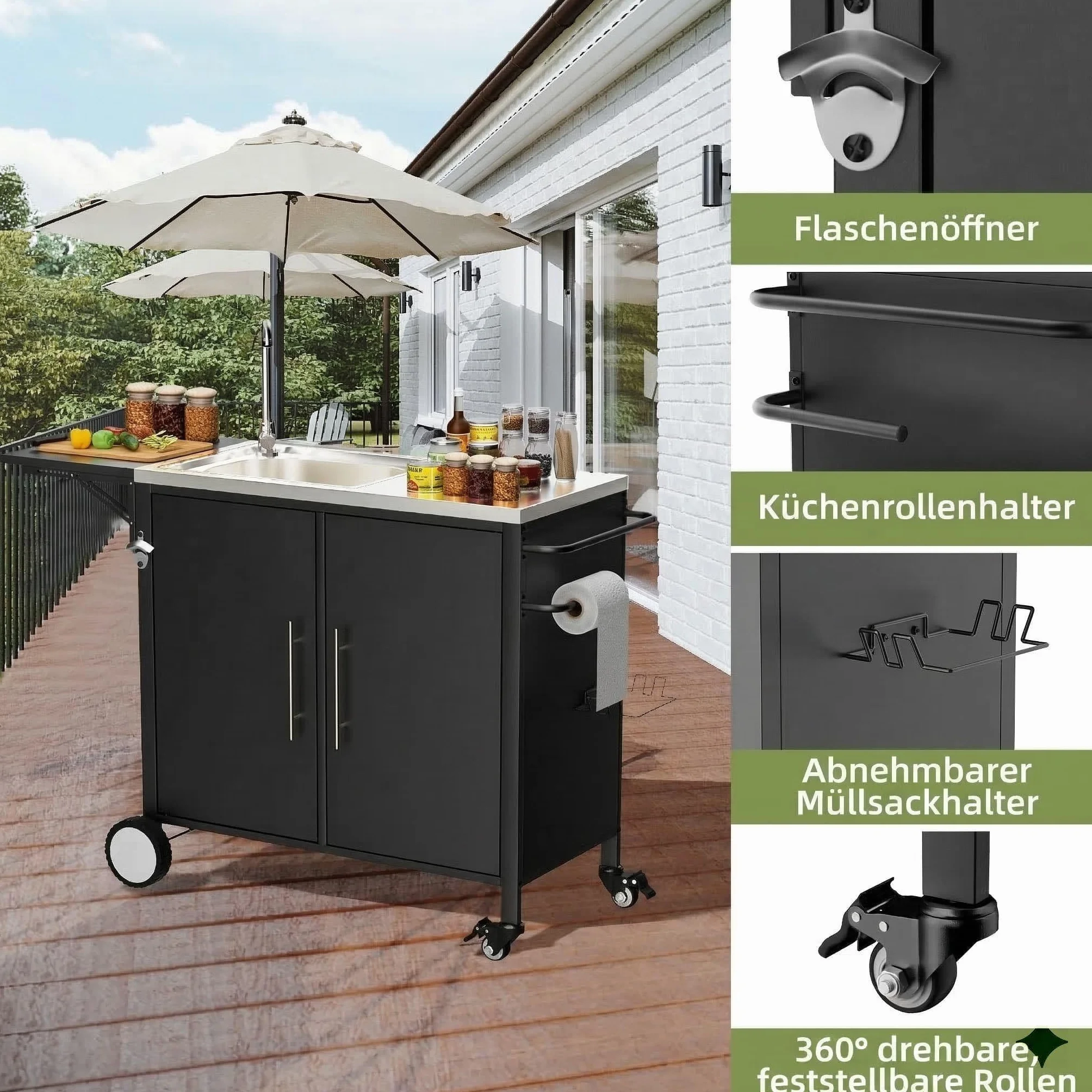 Carrito de barbacoa enrollable con fregadero y encimera plegable, isla de cocina con armario de almacenamiento de acero inoxidable 304 para jardín, terraza y césped