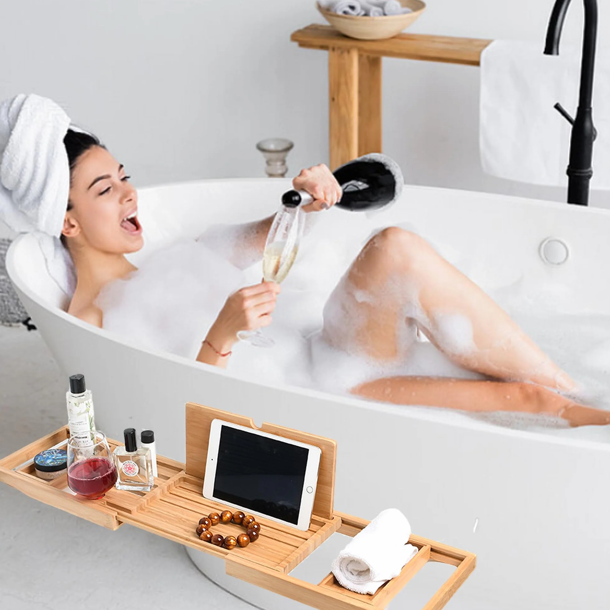 Bandejas de Baño, Bandeja para Bañera Extensible, Bandeja de Bambú para Bañera, Bandeja de Bañera de Madera con Ranura para Copas de Vino, Rejilla para Tableta y Bandeja de Bambú Extraíble