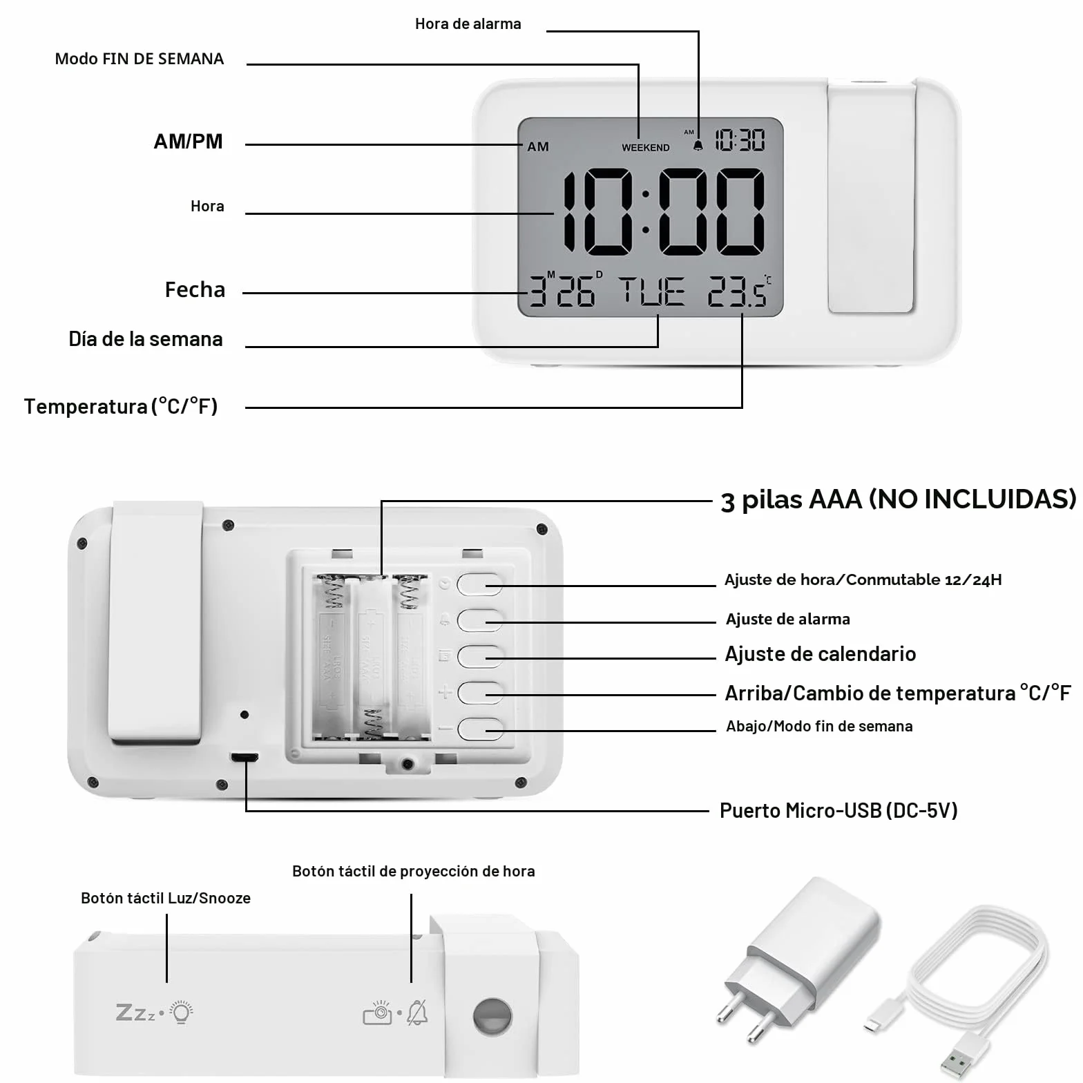 CHEREEKI Reloj Despertador Proyector, Despertador Proyección Digital, Reloj Proyector Techo con Temperatura Interior Fecha, Repetición