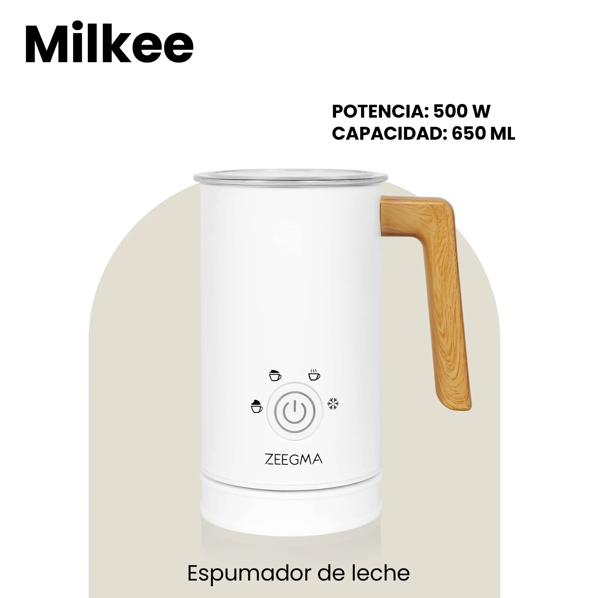 Zeegma Milkee - Espumador de Leche Eléctrico Milkee 650ml, Potencia de 500W, 4 Modos para Espumar y Calentar, Diseño Moderno con Mango de Madera, Fácil de Limpiar, Revestimiento Antiadherente - Blanco